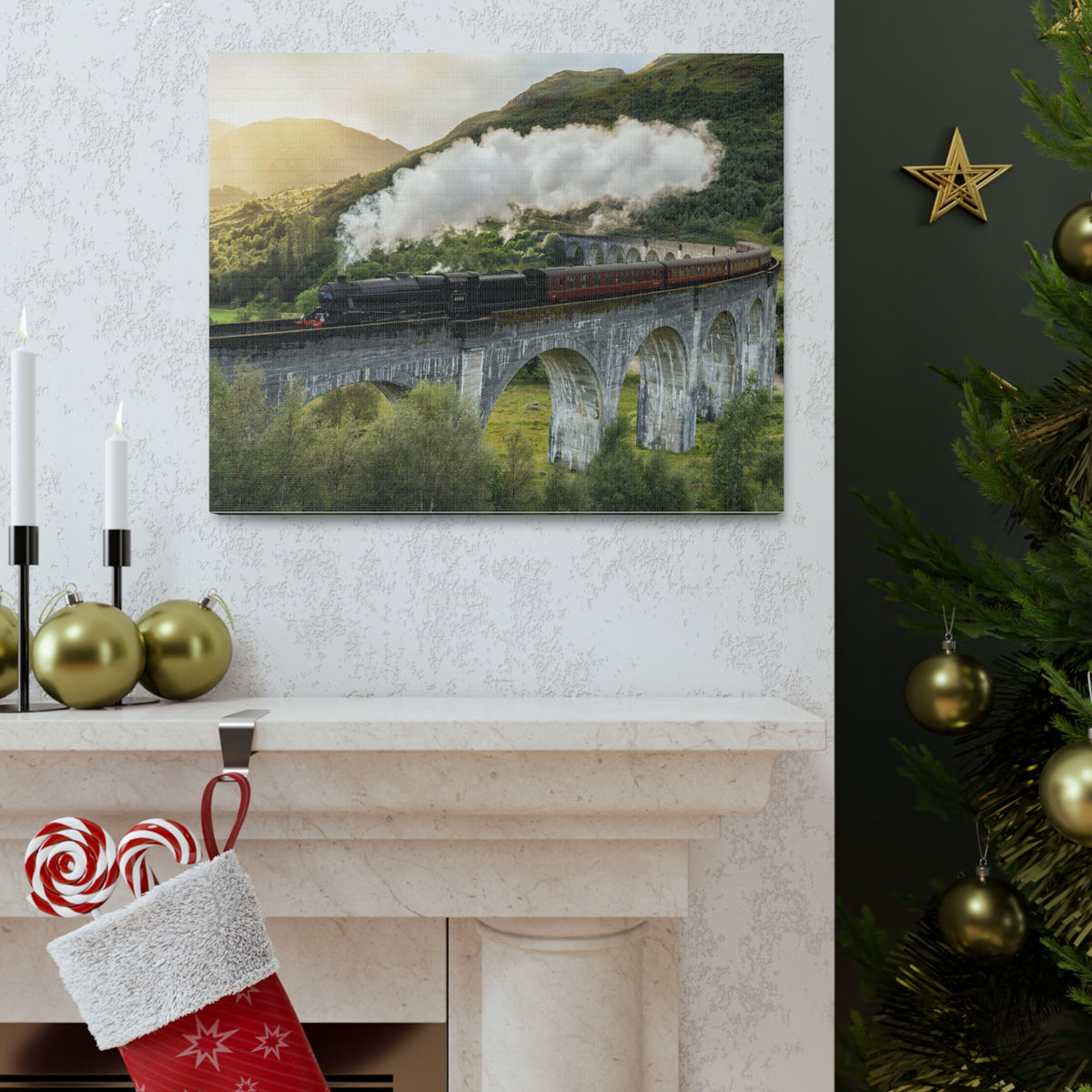 Steam Train Running On Scottish Highlands Modern Multicolor Scenic Nature Photography Canvas Home Office Decor Ready to Hang-Express Your Love Gifts