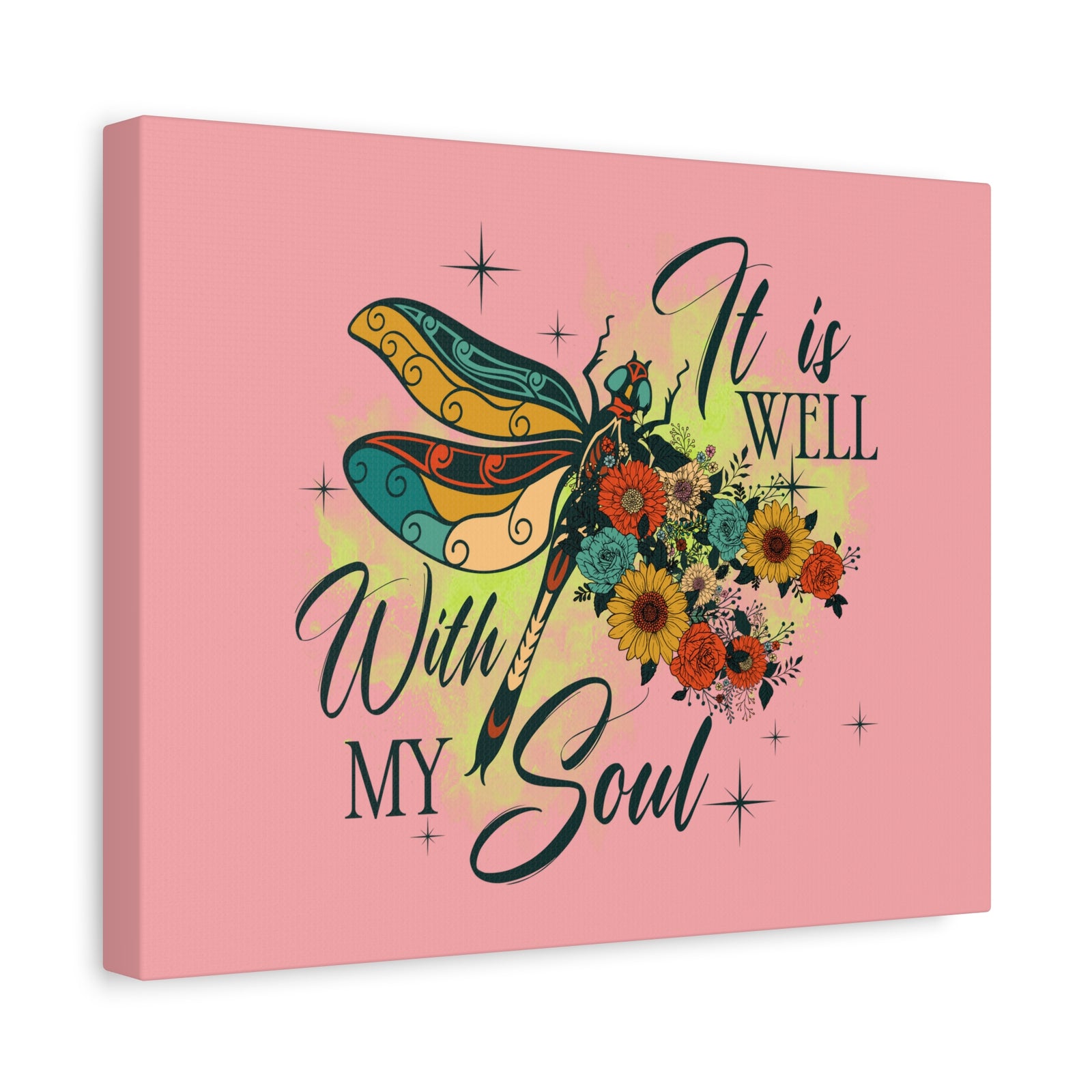 Scripture Canvas It Is Well Psalm 42:7 Dragonfly Green Christian Wall Art Bible Verse Print Ready to Hang-Express Your Love Gifts