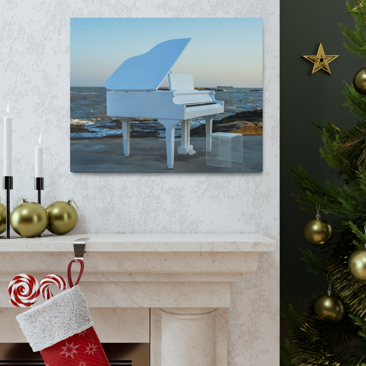 Piano White On Beach Music Lover's Delight Piano Keyboard Canvas Wall Art for Home Decor Ready-to-Hang-Express Your Love Gifts