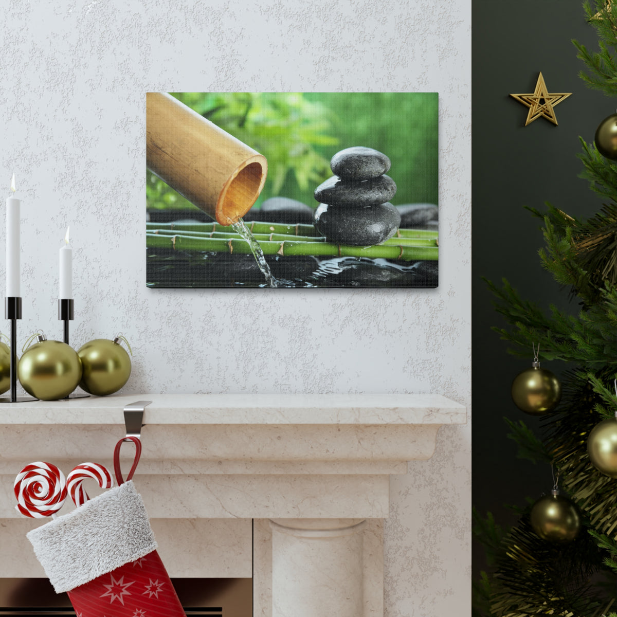 Traditional Bamboo Fountain Forest Floral Nature Photography Canvas Wall Art for Home Decor Ready-to-Hang-Express Your Love Gifts