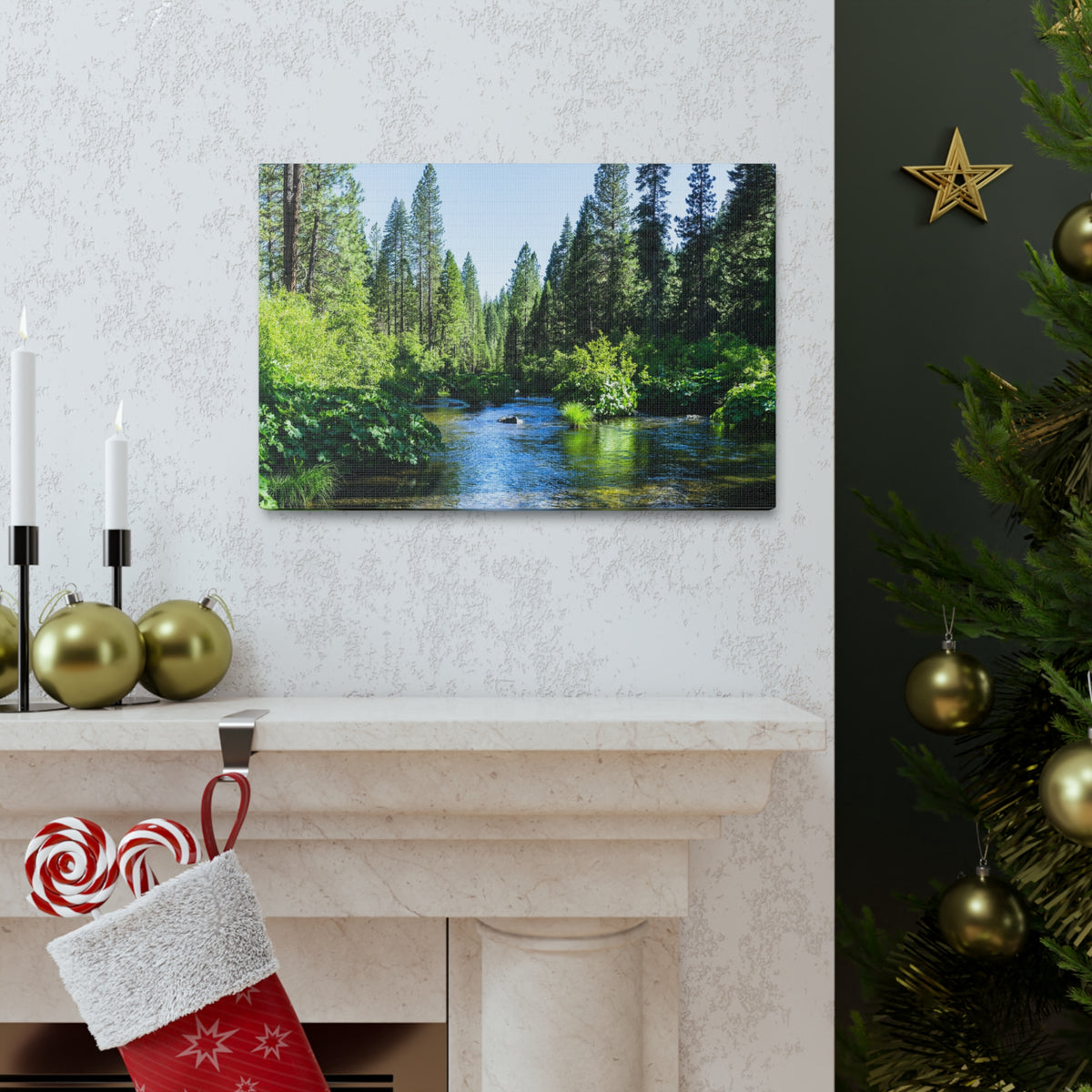 River Through The Green Forest Nature Wilderness Photography Canvas Wall Art for Home Decor Ready-to-Hang-Express Your Love Gifts