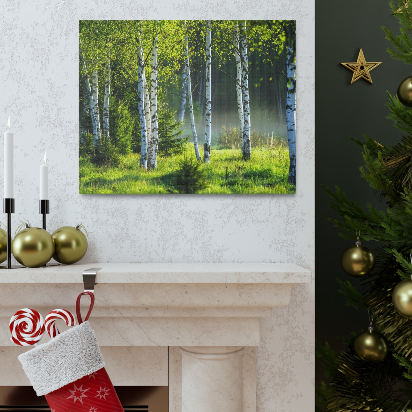 White Birch Trees in Green Forest Nature Wilderness Photography Canvas Wall Art for Home Decor Ready-to-Hang-Express Your Love Gifts