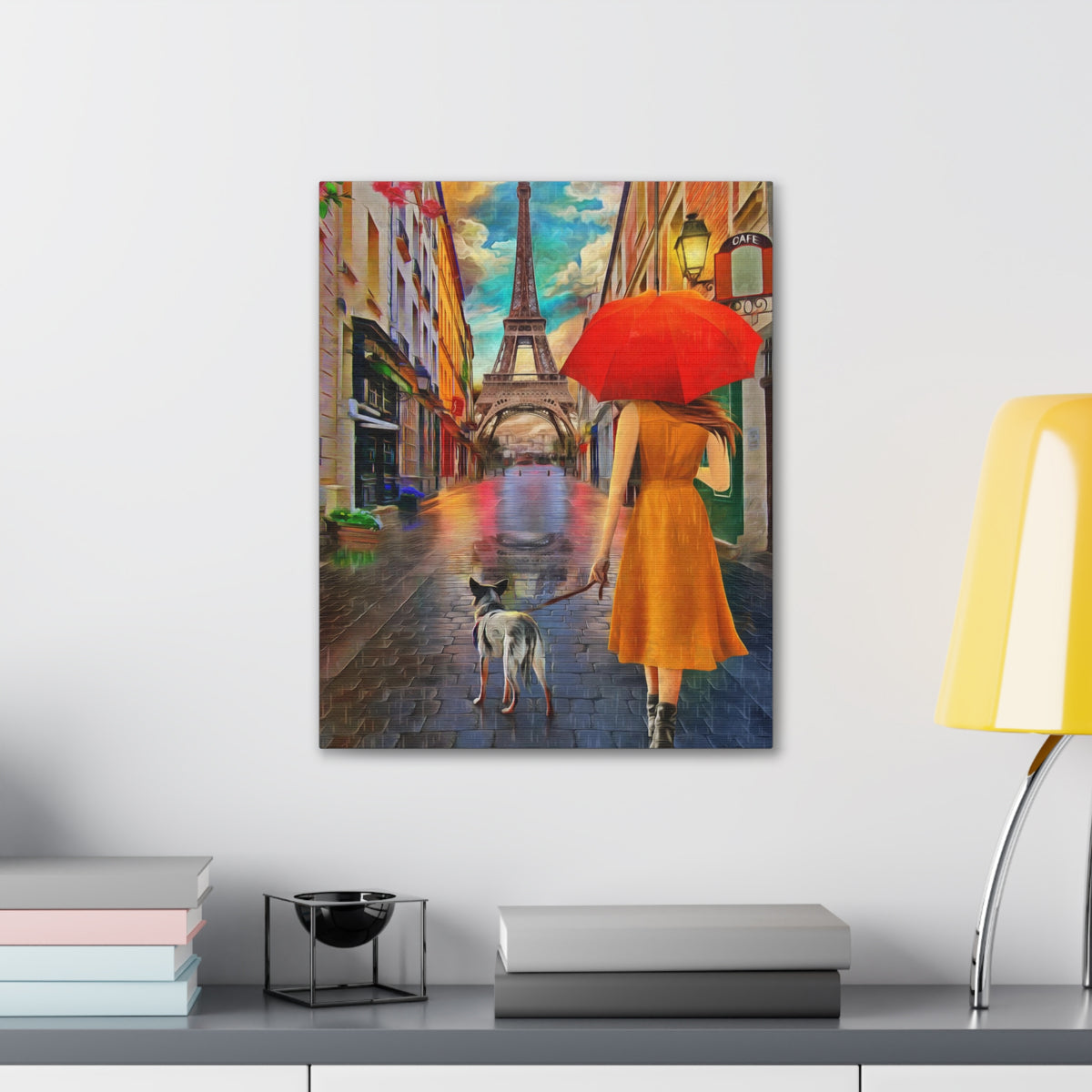 Paris Yellow Dress Red Umbrella Paris Eiffel Tower Couple France Canvas Artwork High-Quality Breathtaking French City for Home Decor Ready to Hang-Express Your Love Gifts
