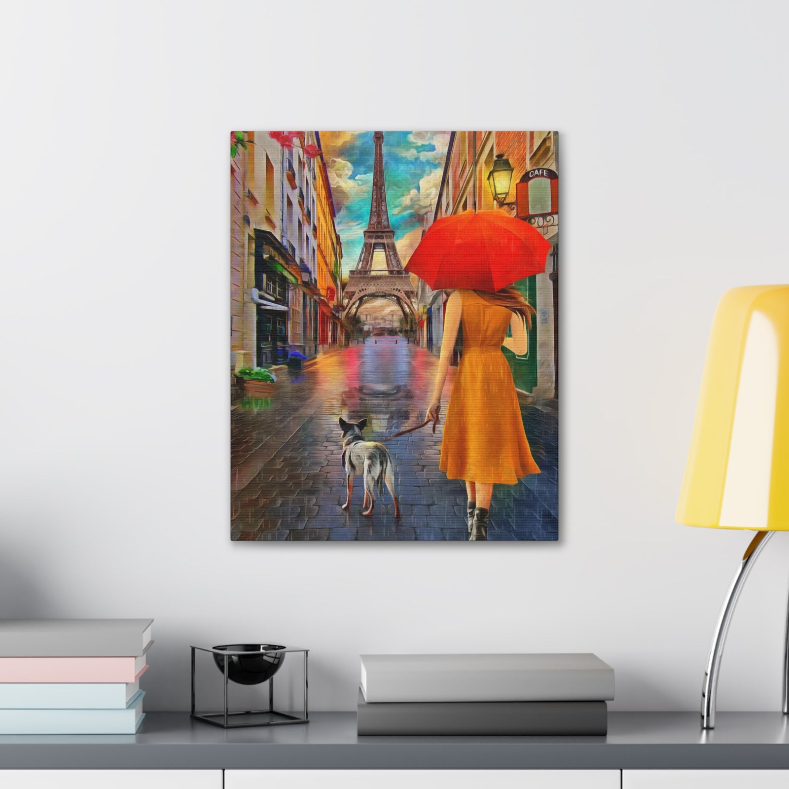 Paris Yellow Dress Red Umbrella Paris Eiffel Tower Couple France Canvas Artwork High-Quality Breathtaking French City for Home Decor Ready to Hang-Express Your Love Gifts