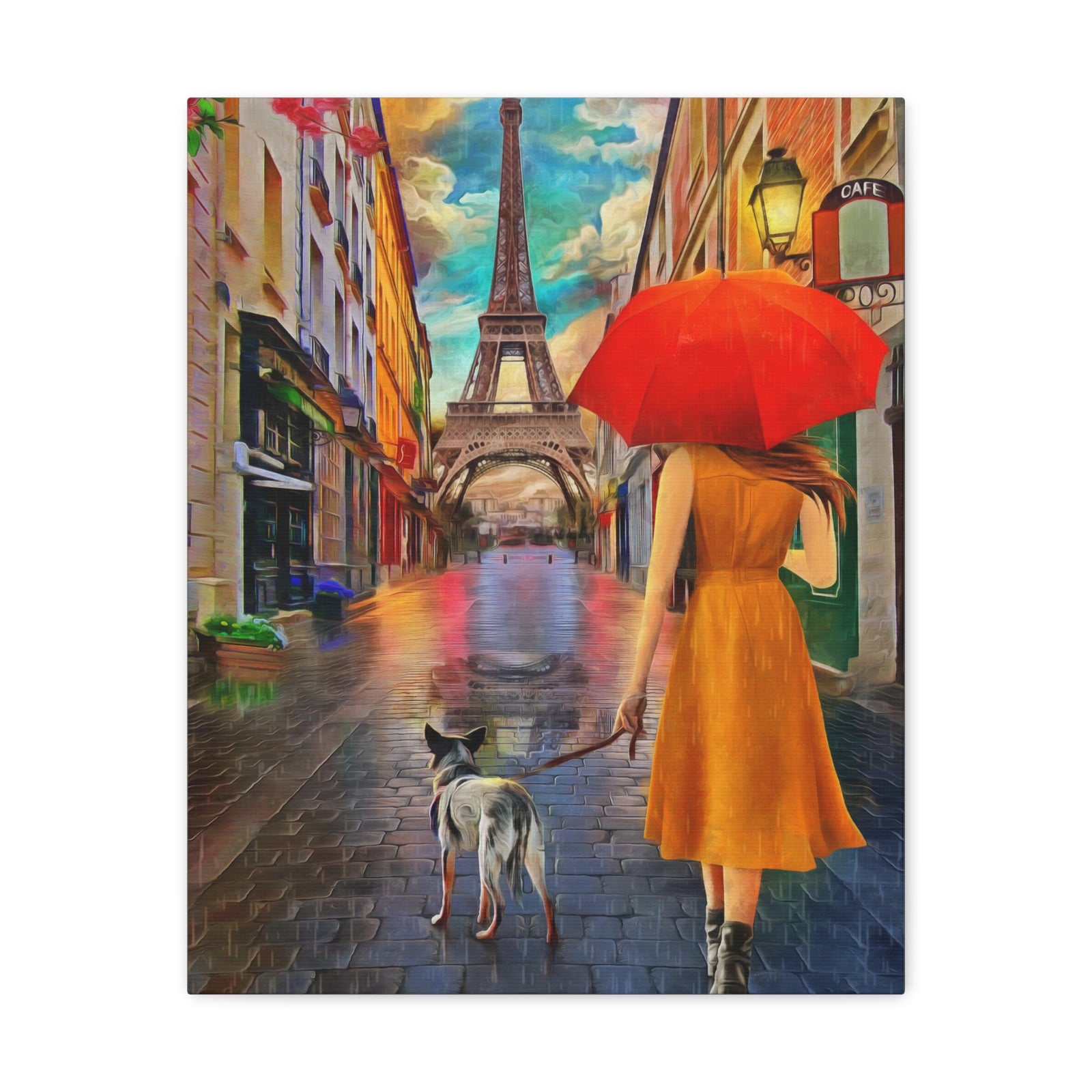 Paris Yellow Dress Red Umbrella Paris Eiffel Tower Couple France Canvas Artwork High-Quality Breathtaking French City for Home Decor Ready to Hang-Express Your Love Gifts