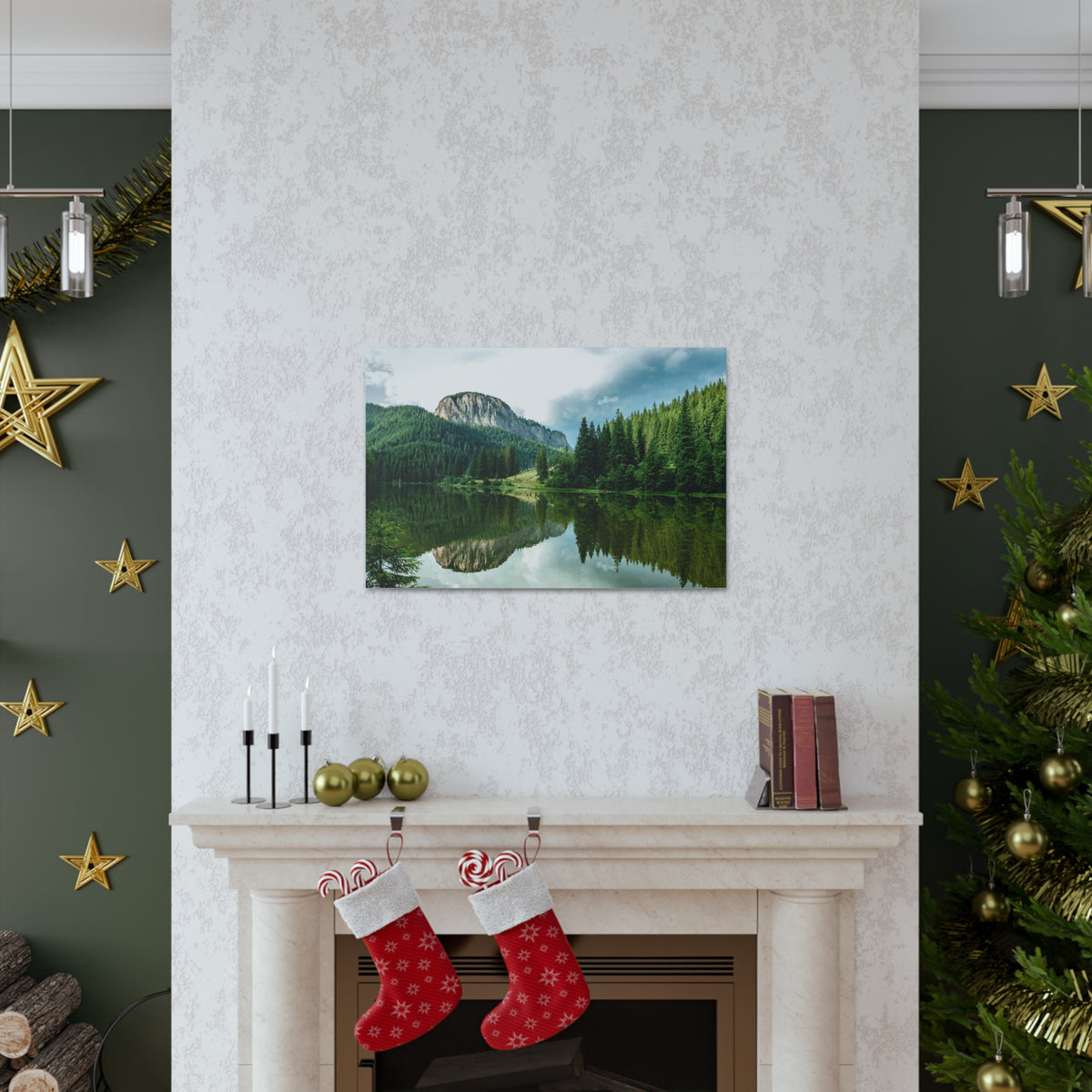 Green Forest With Lake Reflection Nature Wilderness Photography Canvas Wall Art for Home Decor Ready-to-Hang-Express Your Love Gifts