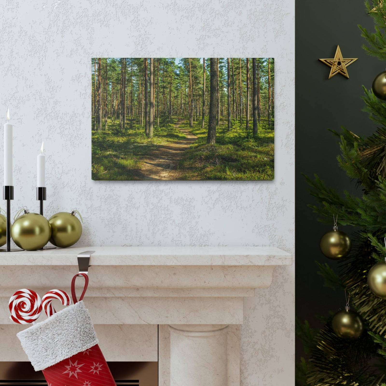 Green Forest Tree Path Nature Wilderness Photography Canvas Wall Art for Home Decor Ready-to-Hang-Express Your Love Gifts