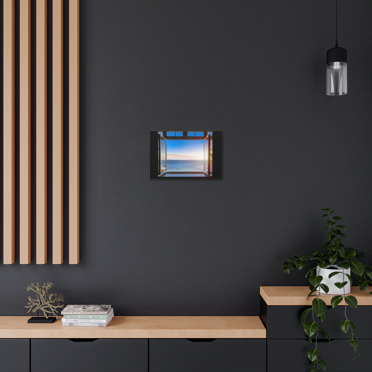 Dark Room Sunset Sea View Open Window Ocean Canvas Wall Art for Home Decor Ready-to-Hang-Express Your Love Gifts