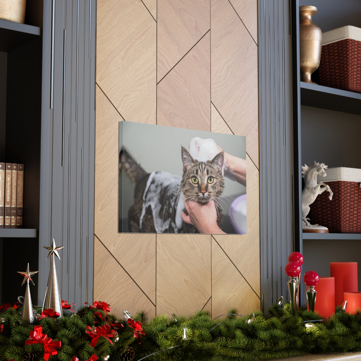 Cute Gray Cat Bath Canvas Wall Art for Home Decor Ready-to-Hang-Express Your Love Gifts