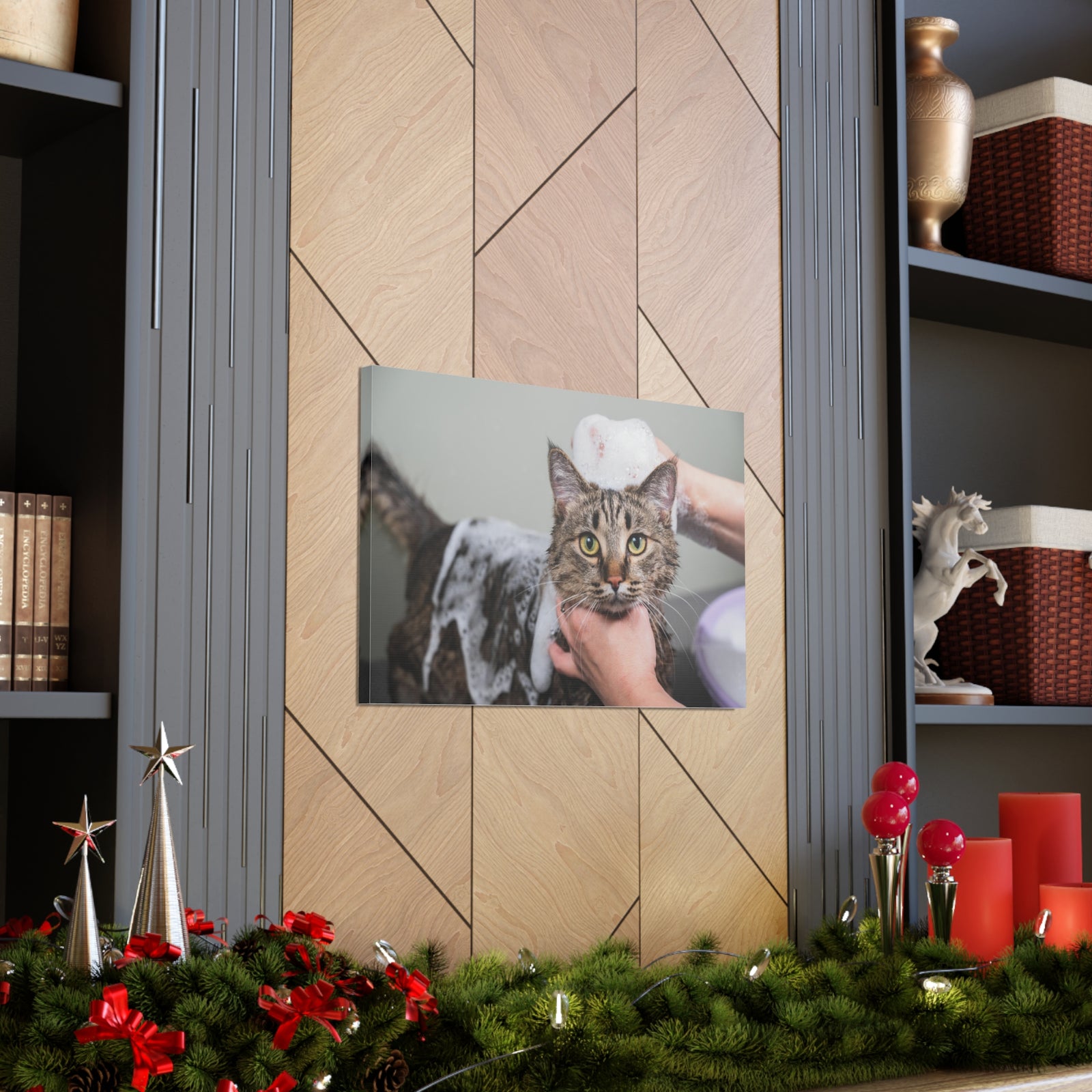 Cute Gray Cat Bath Canvas Wall Art for Home Decor Ready-to-Hang-Express Your Love Gifts