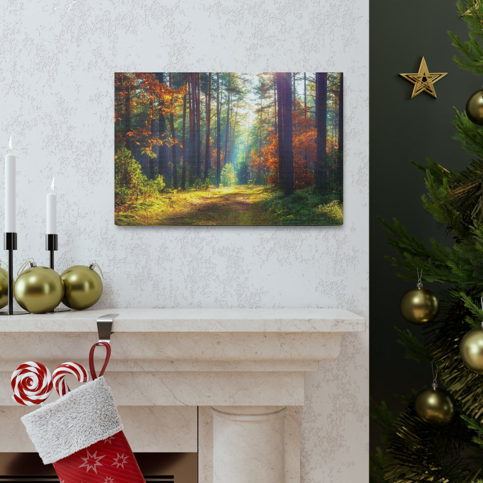 Autumn Forest Sunlight Shine Orange Tree Nature Wilderness Photography Canvas Wall Art for Home Decor Ready-to-Hang-Express Your Love Gifts