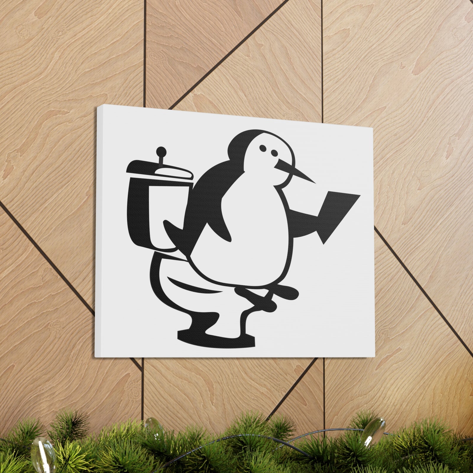 Cartoon Penguin Reading Newspaper On Toilet Funny Canvas Wall Art for Home Decor Ready-to-Hand-Express Your Love Gifts