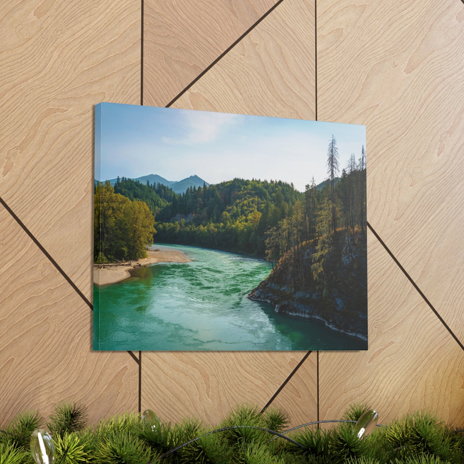 River Through Pine Tree Green Forest Nature Wilderness Photography Canvas Wall Art for Home Decor Ready-to-Hang-Express Your Love Gifts