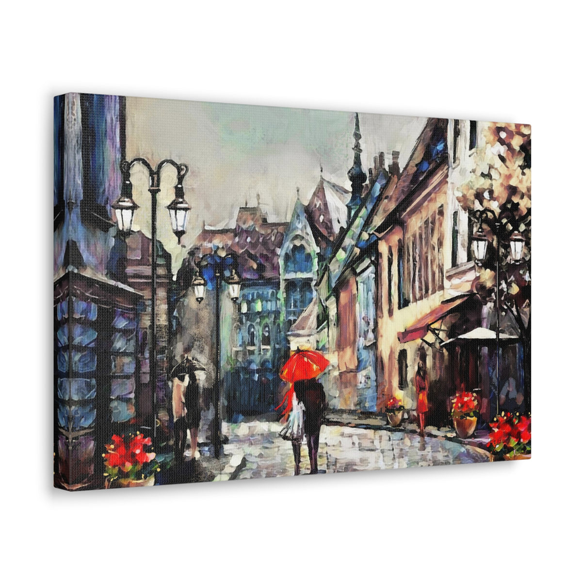 Paris Street View Couple With Red Umbrella France Canvas Artwork High-Quality Breathtaking French City for Home Decor Ready to Hang-Express Your Love Gifts
