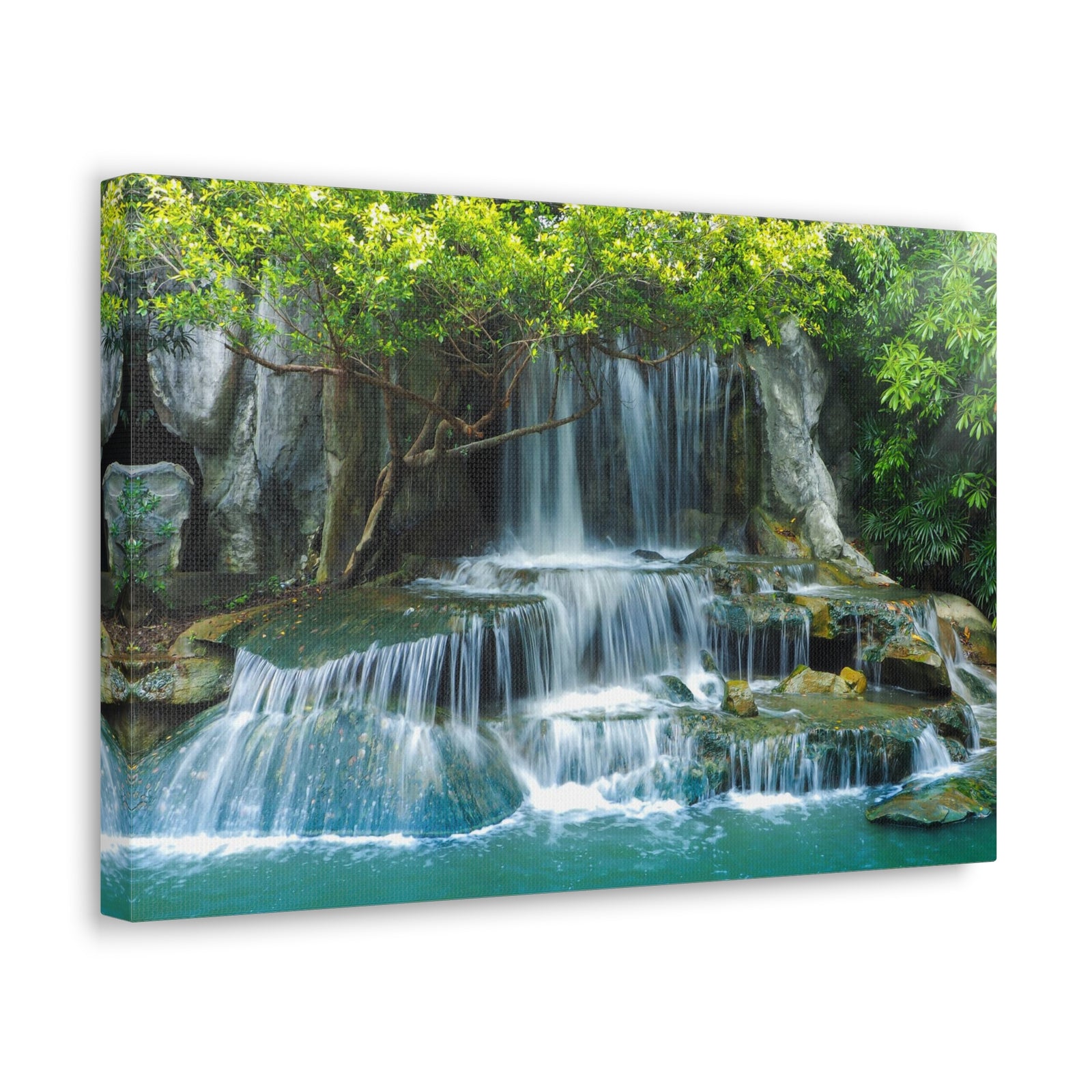 Forest Jungle Cascading Waterfall Nature Wilderness Photography Canvas Wall Art for Home Decor Ready-to-Hang-Express Your Love Gifts