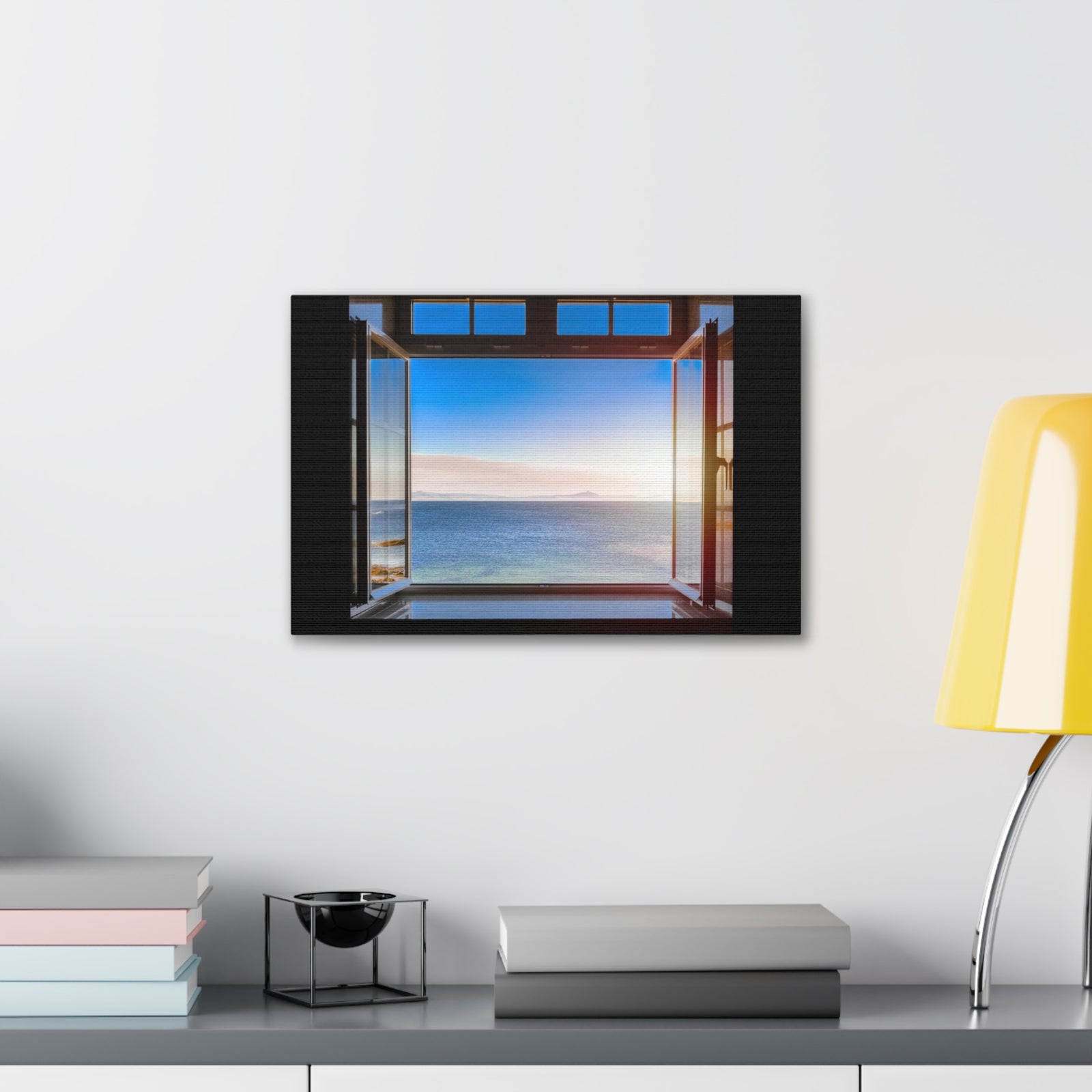 Dark Room Sunset Sea View Open Window Ocean Canvas Wall Art for Home Decor Ready-to-Hang-Express Your Love Gifts