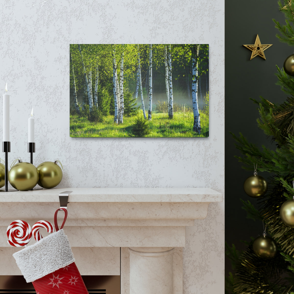 White Birch Trees in Green Forest Nature Wilderness Photography Canvas Wall Art for Home Decor Ready-to-Hang-Express Your Love Gifts