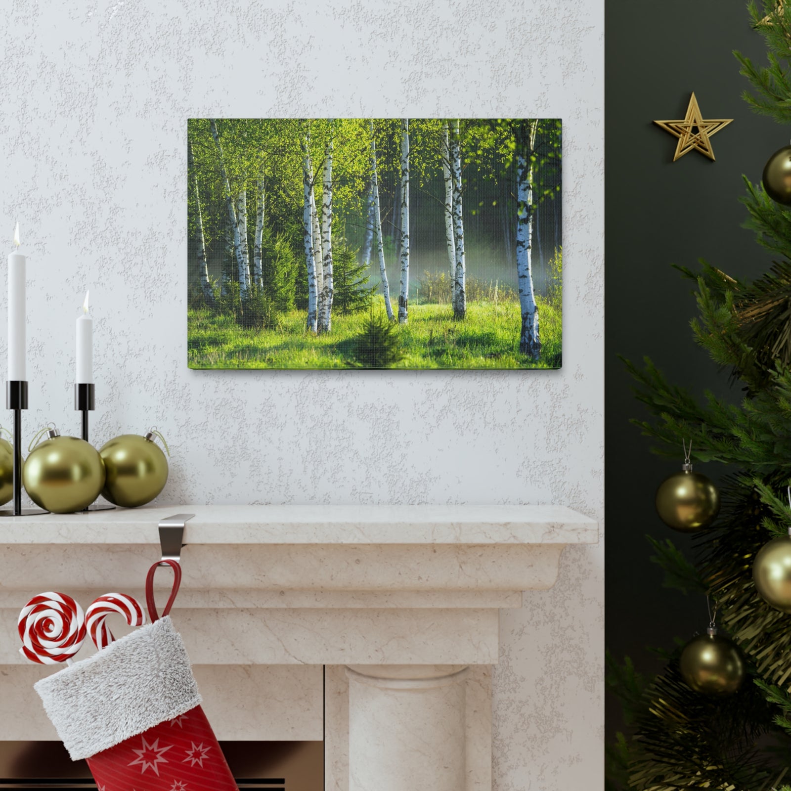 White Birch Trees in Green Forest Nature Wilderness Photography Canvas Wall Art for Home Decor Ready-to-Hang-Express Your Love Gifts