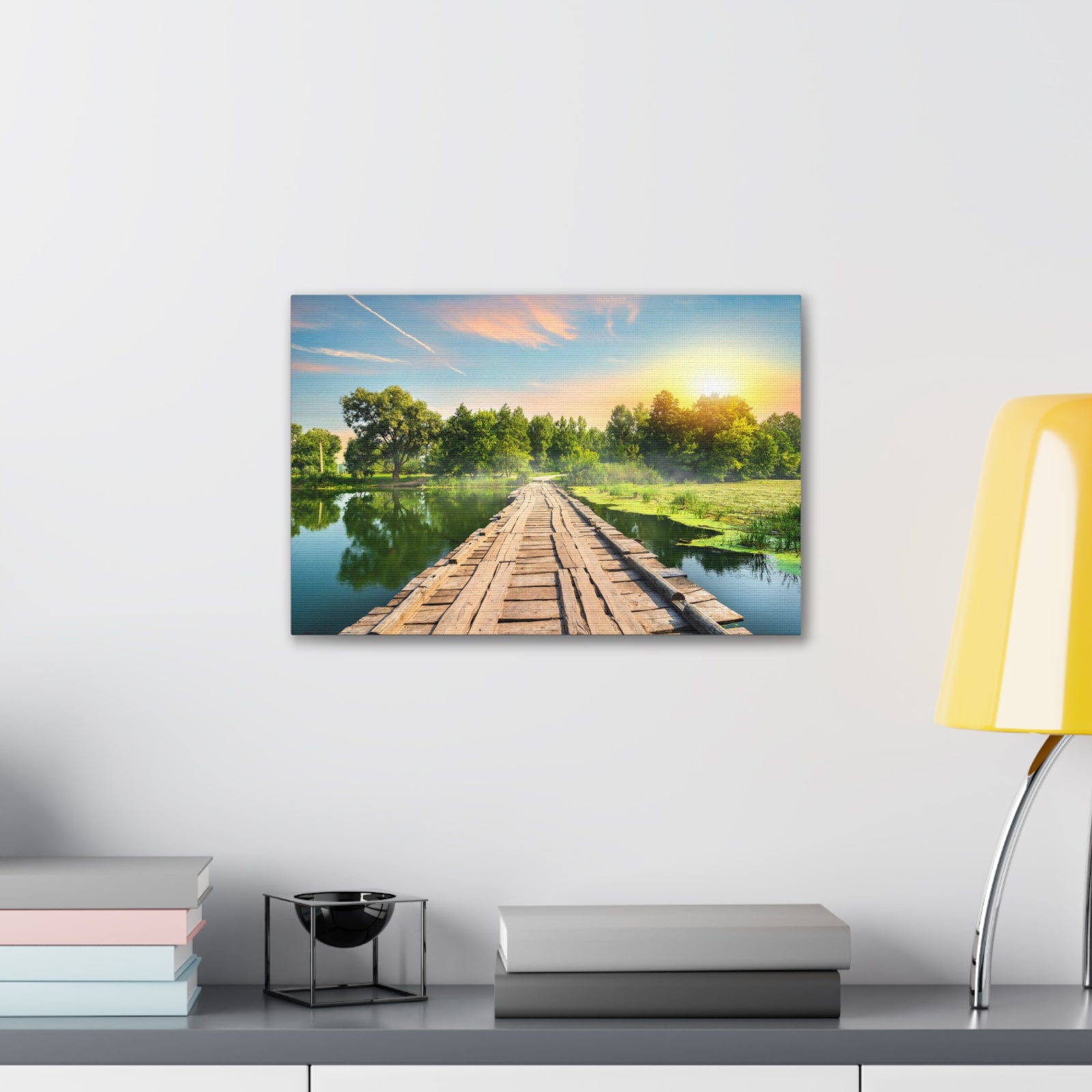 Lake at Dawn Wooden Bridge Nature Wilderness Photography Canvas Wall Art for Home Decor Ready-to-Hang-Express Your Love Gifts