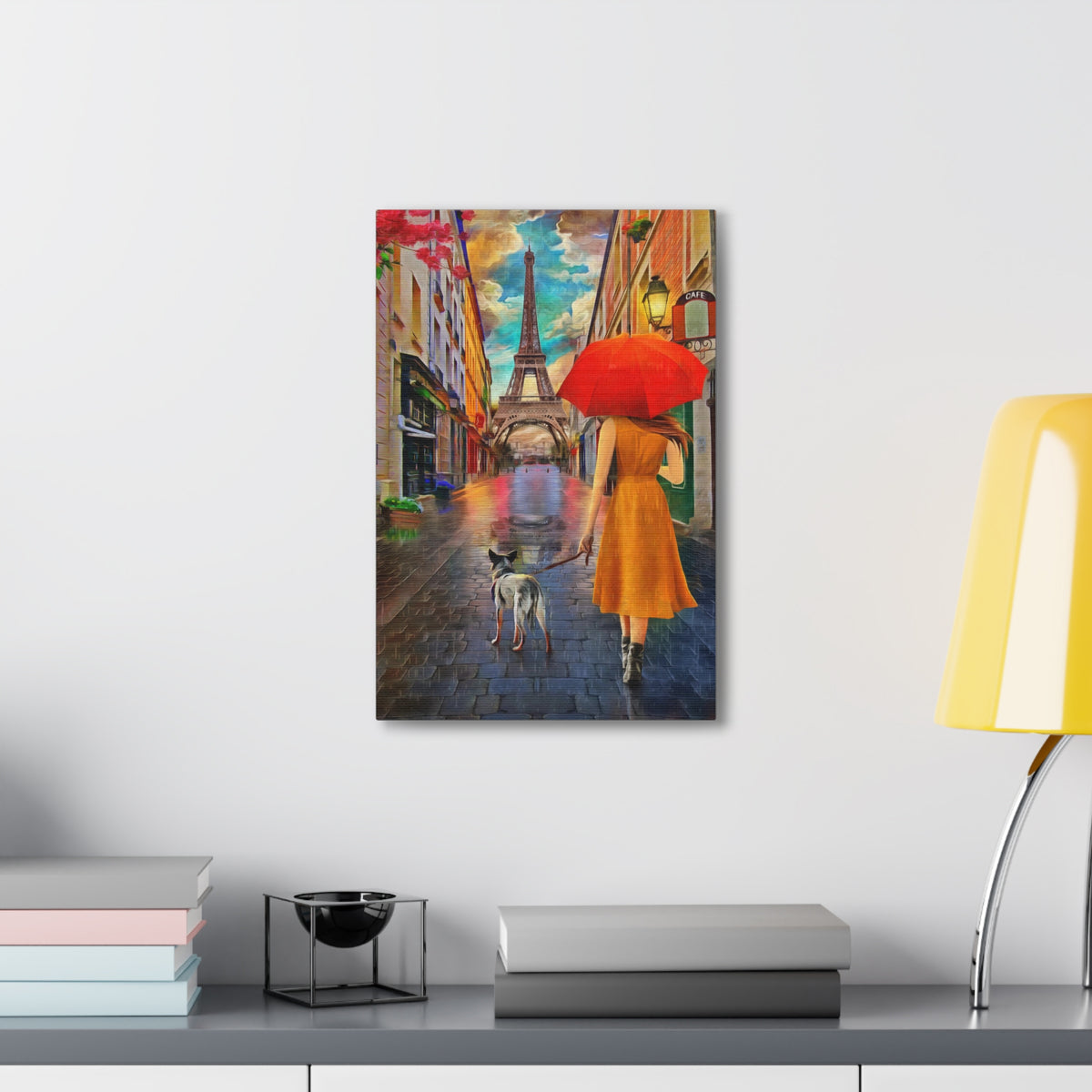 Paris Yellow Dress Red Umbrella Paris Eiffel Tower Couple France Canvas Artwork High-Quality Breathtaking French City for Home Decor Ready to Hang-Express Your Love Gifts