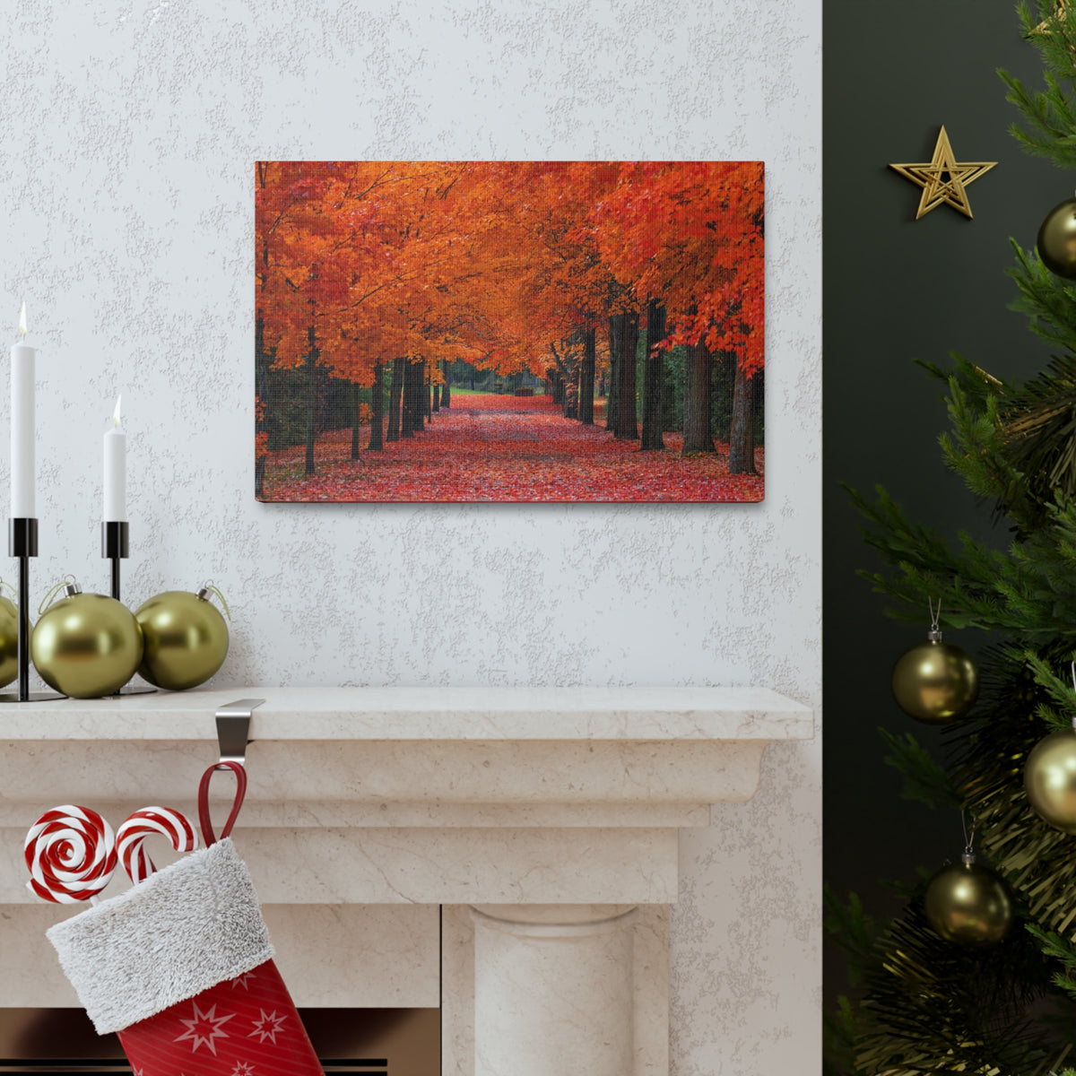 Autumn Forest Orange Leave Tree Trail Nature Wilderness Photography Canvas Wall Art for Home Decor Ready-to-Hang-Express Your Love Gifts