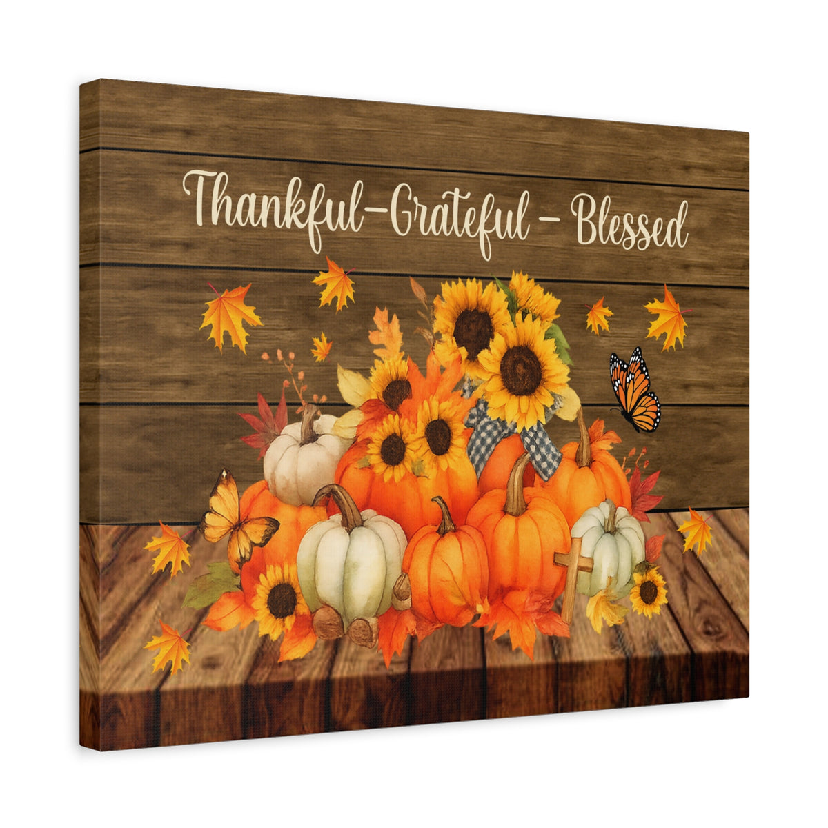 Thankful Grateful Blessed Pumpkin Canvas Wall Art – Rustic Autumn Decor-Express Your Love Gifts
