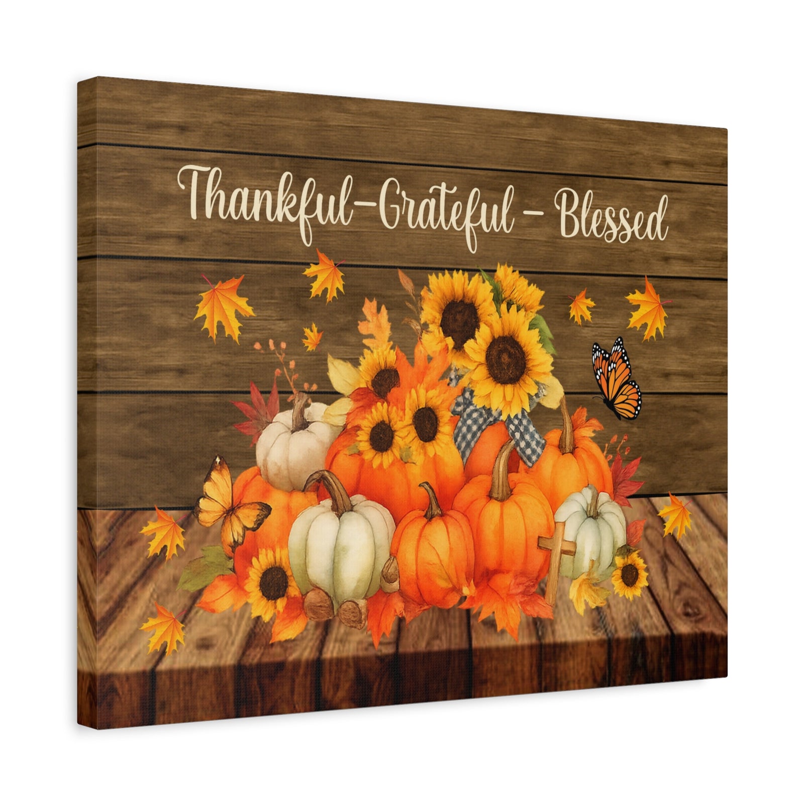 Thankful Grateful Blessed Pumpkin Canvas Wall Art – Rustic Autumn Decor-Express Your Love Gifts