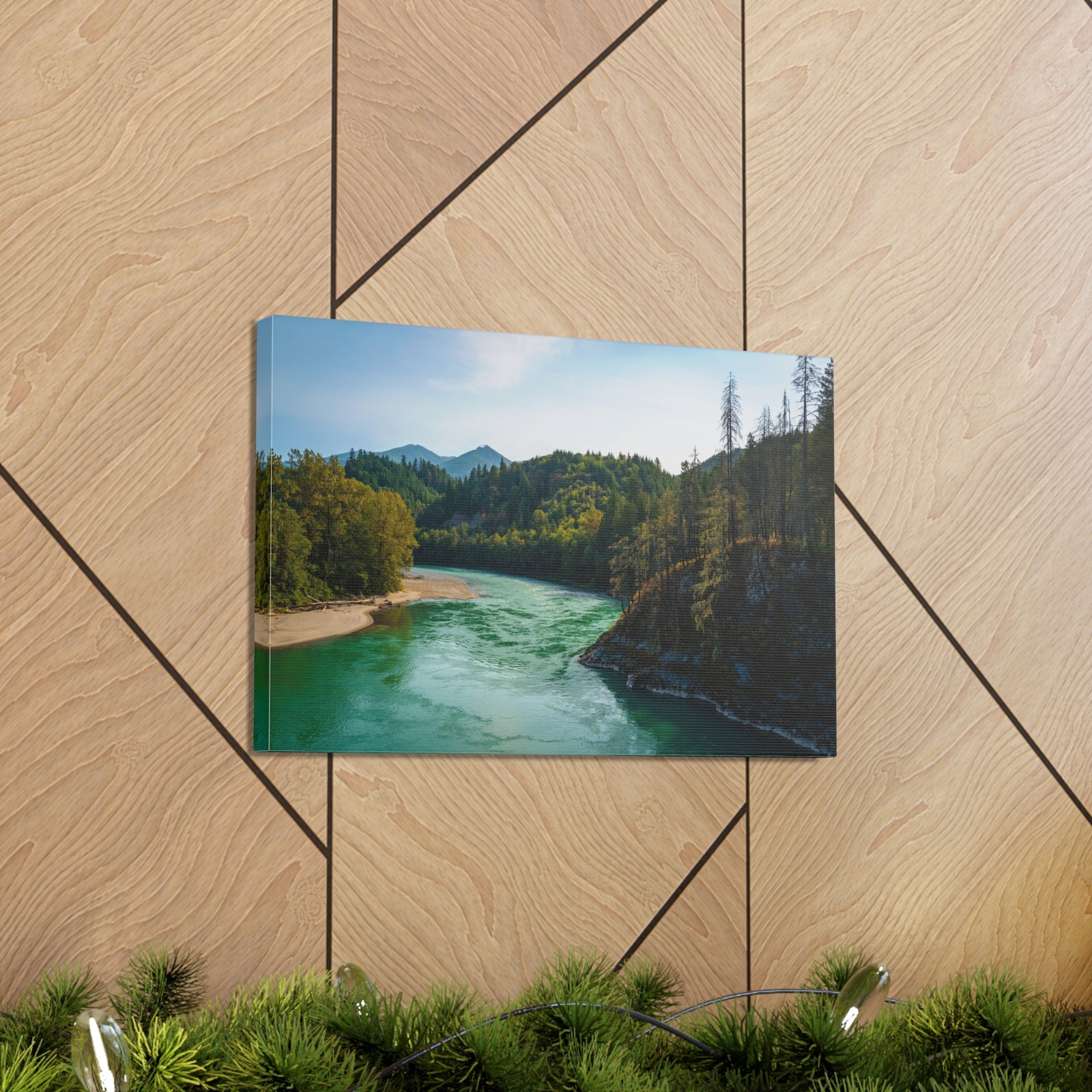 River Through Pine Tree Green Forest Nature Wilderness Photography Canvas Wall Art for Home Decor Ready-to-Hang-Express Your Love Gifts