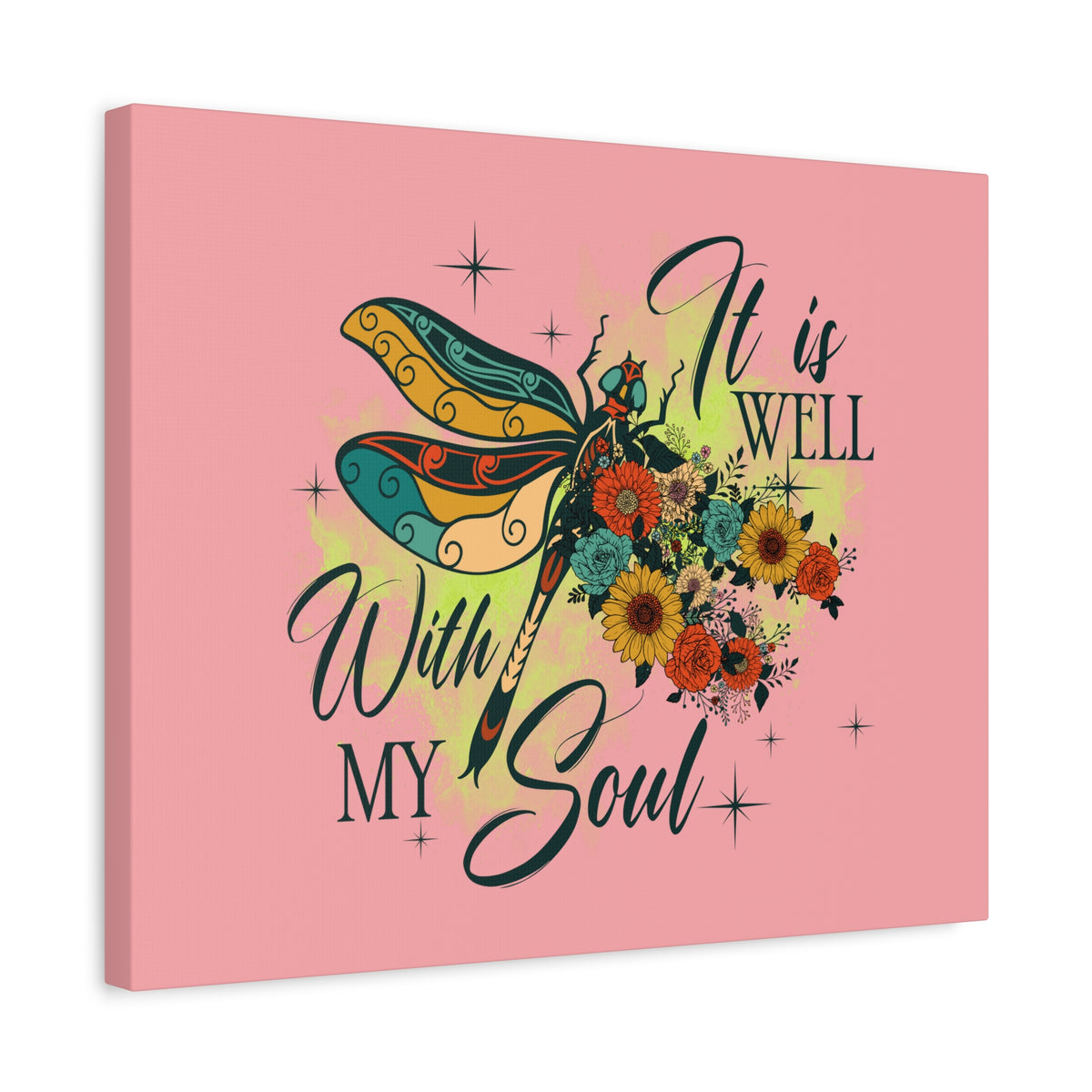 Scripture Canvas It Is Well Psalm 42:7 Dragonfly Green Christian Wall Art Bible Verse Print Ready to Hang-Express Your Love Gifts
