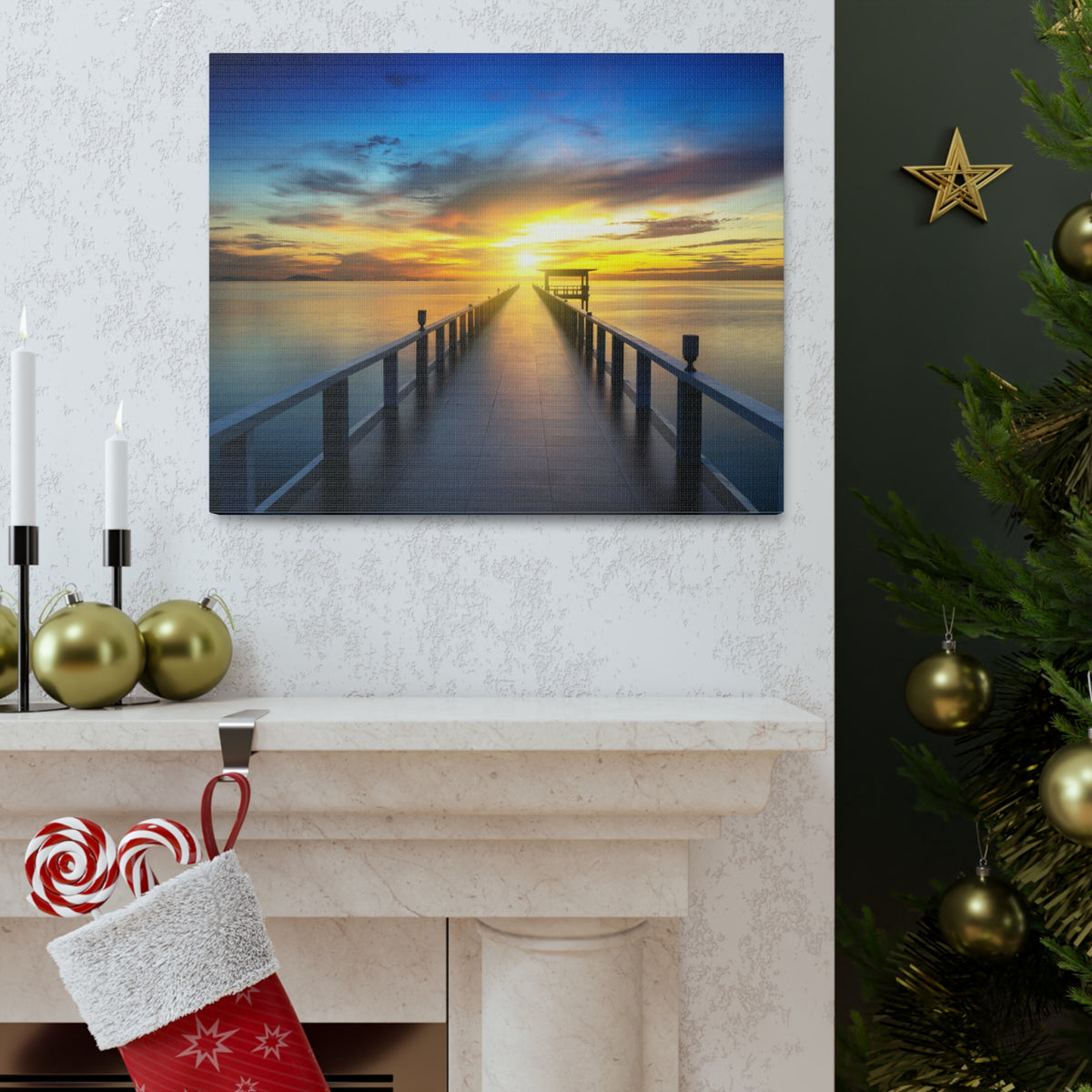 Sunset Beach Pier Nature Wilderness Photography Canvas Wall Art for Home Decor Ready-to-Hang-Express Your Love Gifts