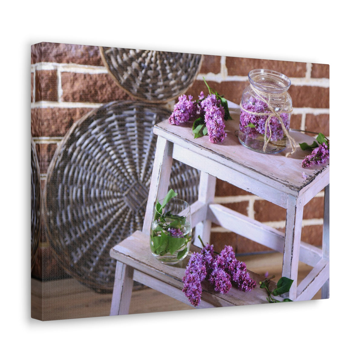 Beautiful Lilac Flowers On Wooden Ladder Rustic Design Canvas Wall Art for Home Decor Ready-to-Hang-Express Your Love Gifts