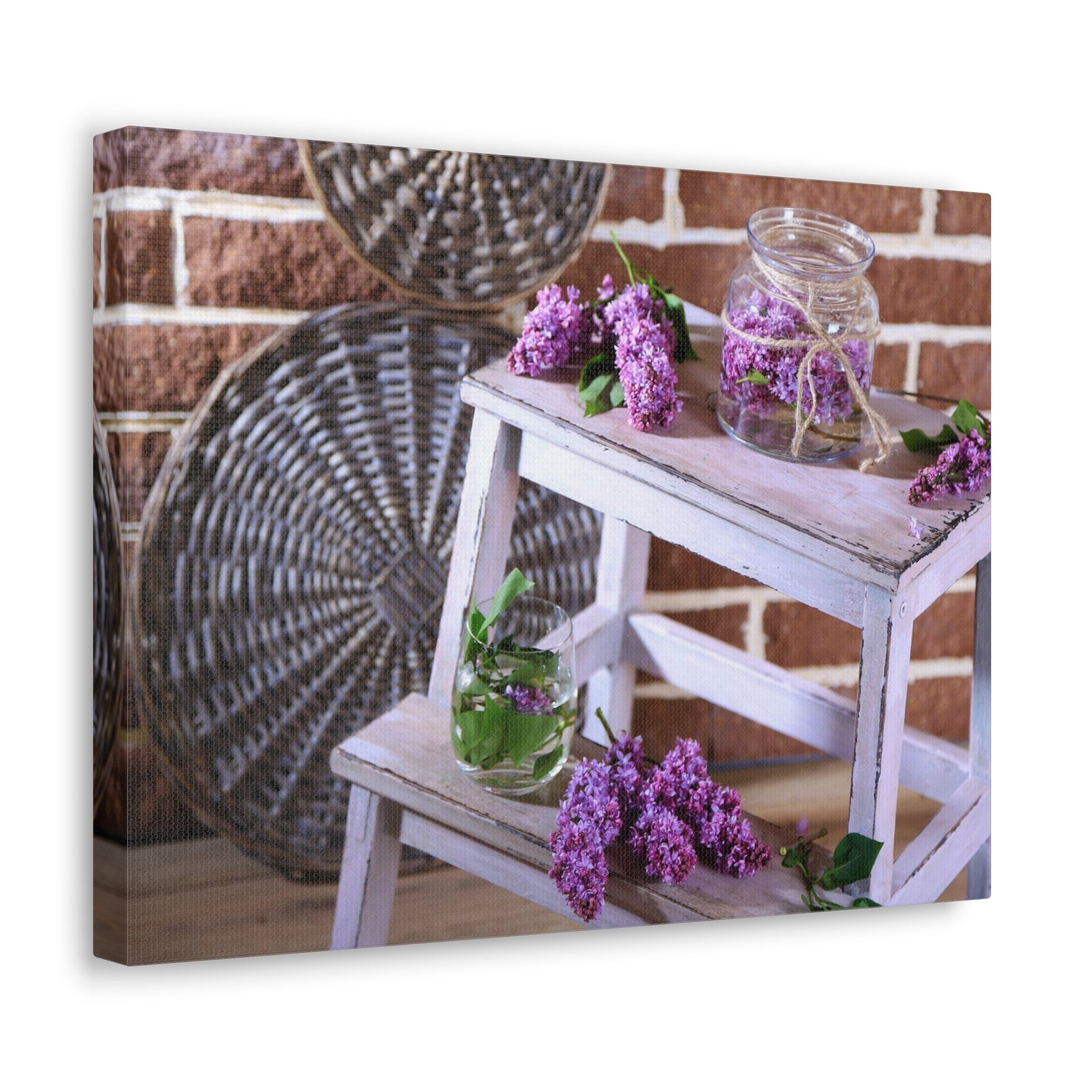 Beautiful Lilac Flowers On Wooden Ladder Rustic Design Canvas Wall Art for Home Decor Ready-to-Hang-Express Your Love Gifts