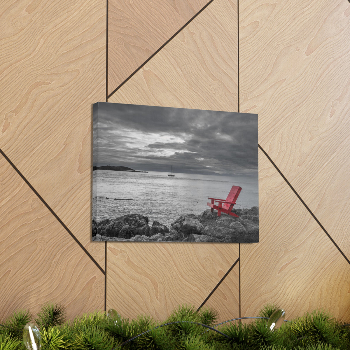Red Chair On Ocean Side Rocks Ocean Canvas Wall Art for Home Decor Ready-to-Hang-Express Your Love Gifts