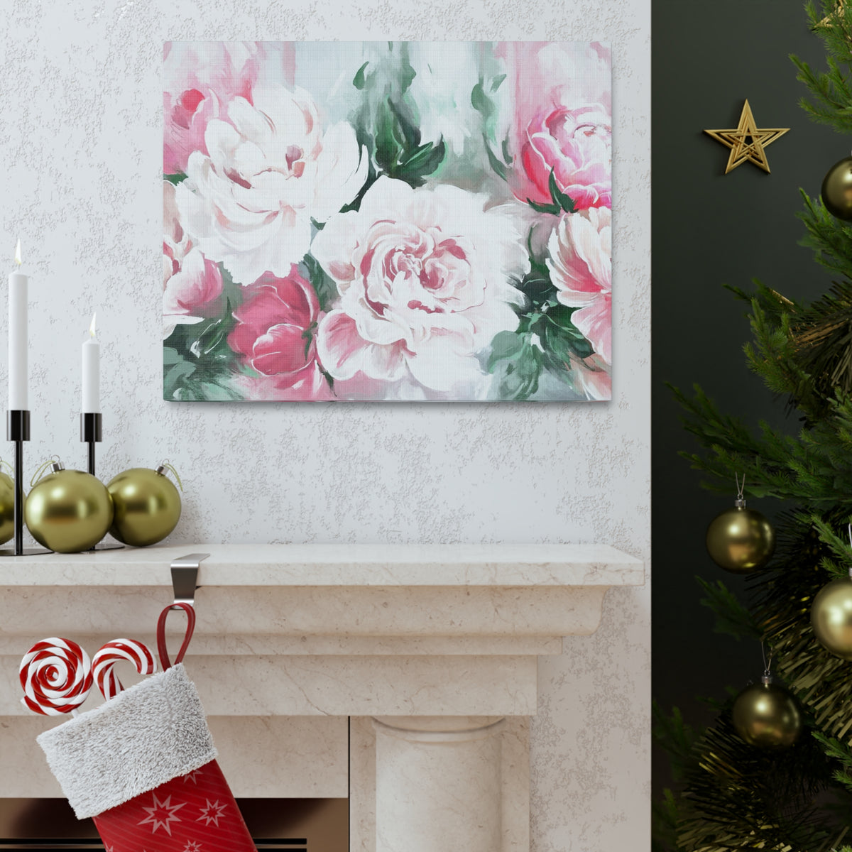 Pink And White Flower Rose And Peonies Flower Canvas Wall Art for Home Decor Ready-to-Hang-Express Your Love Gifts
