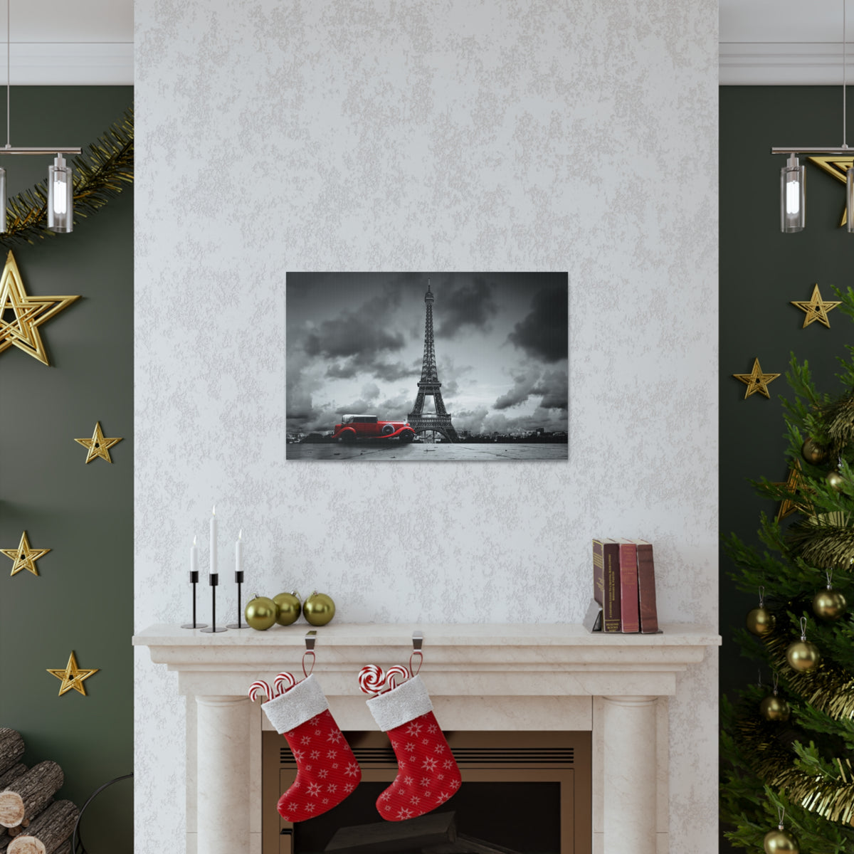 Eiffel Tower And Red Retro Car, France Canvas Artwork High-Quality Breathtaking French City for Home Decor Ready to Hang ‌-Express Your Love Gifts