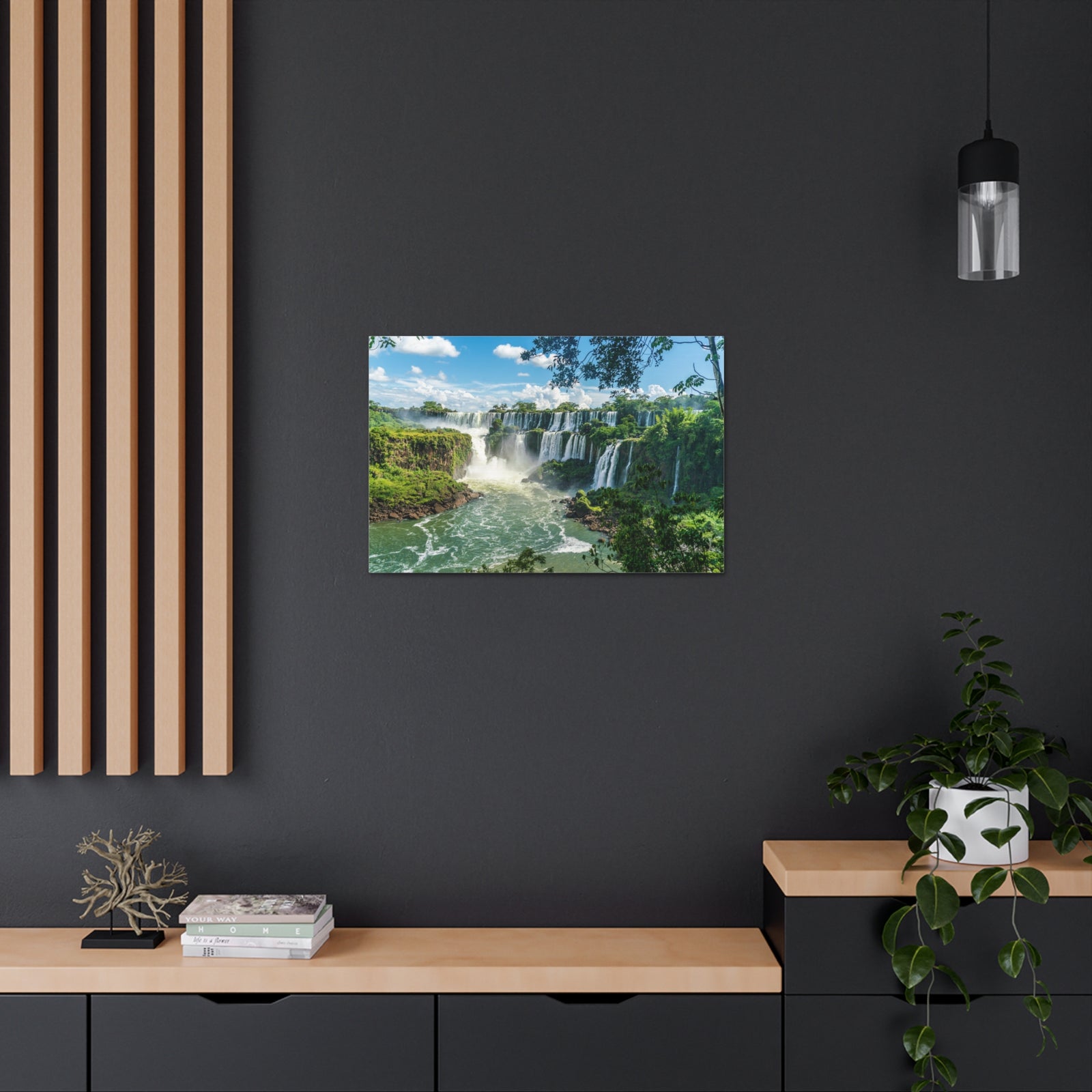 Green Jungle Cascading Waterfall Nature Wilderness Photography Canvas Wall Art for Home Decor Ready-to-Hang-Express Your Love Gifts