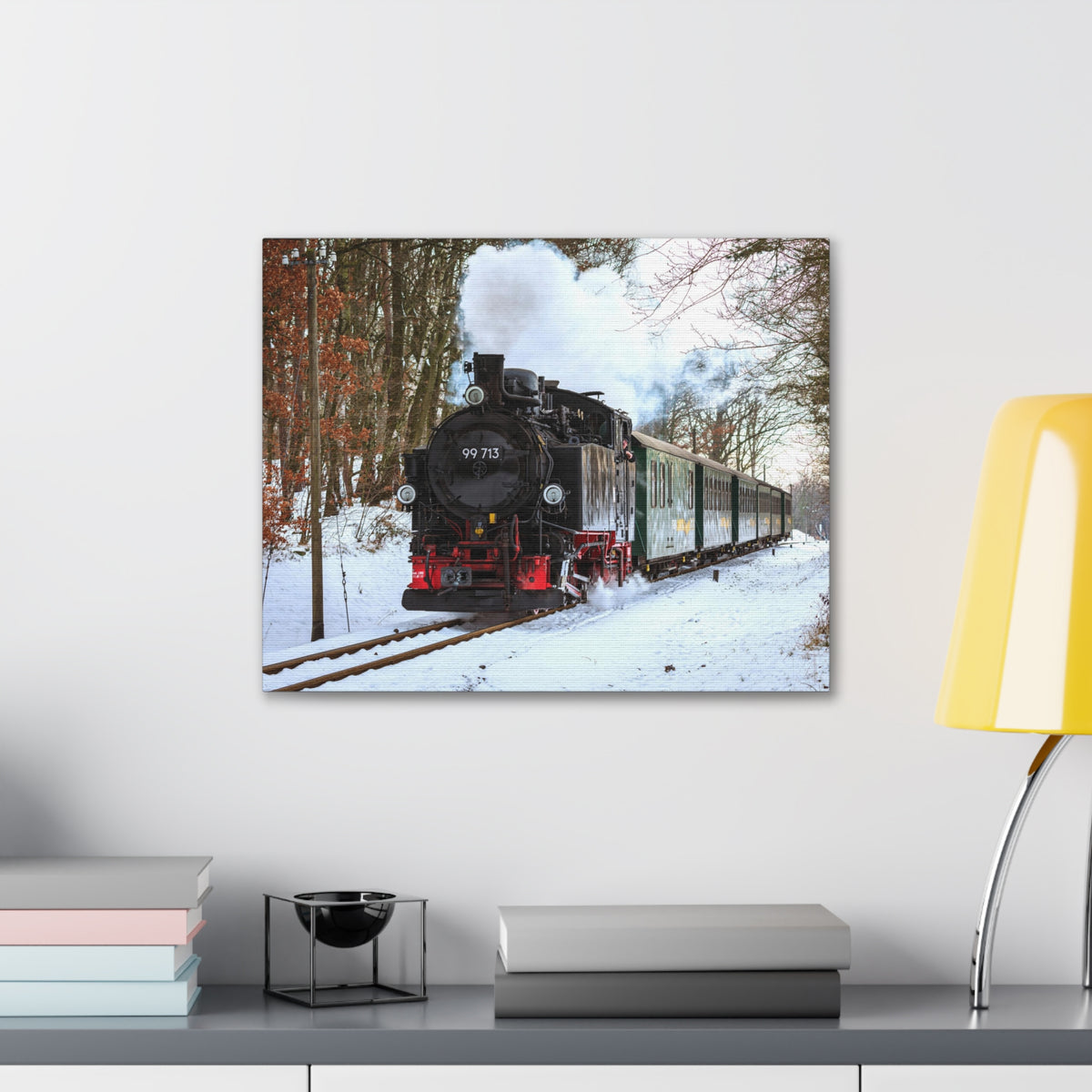 Steam Train Winter White Smoke Modern Multicolor Scenic Nature Photography Canvas Home Office Decor Ready to Hang-Express Your Love Gifts