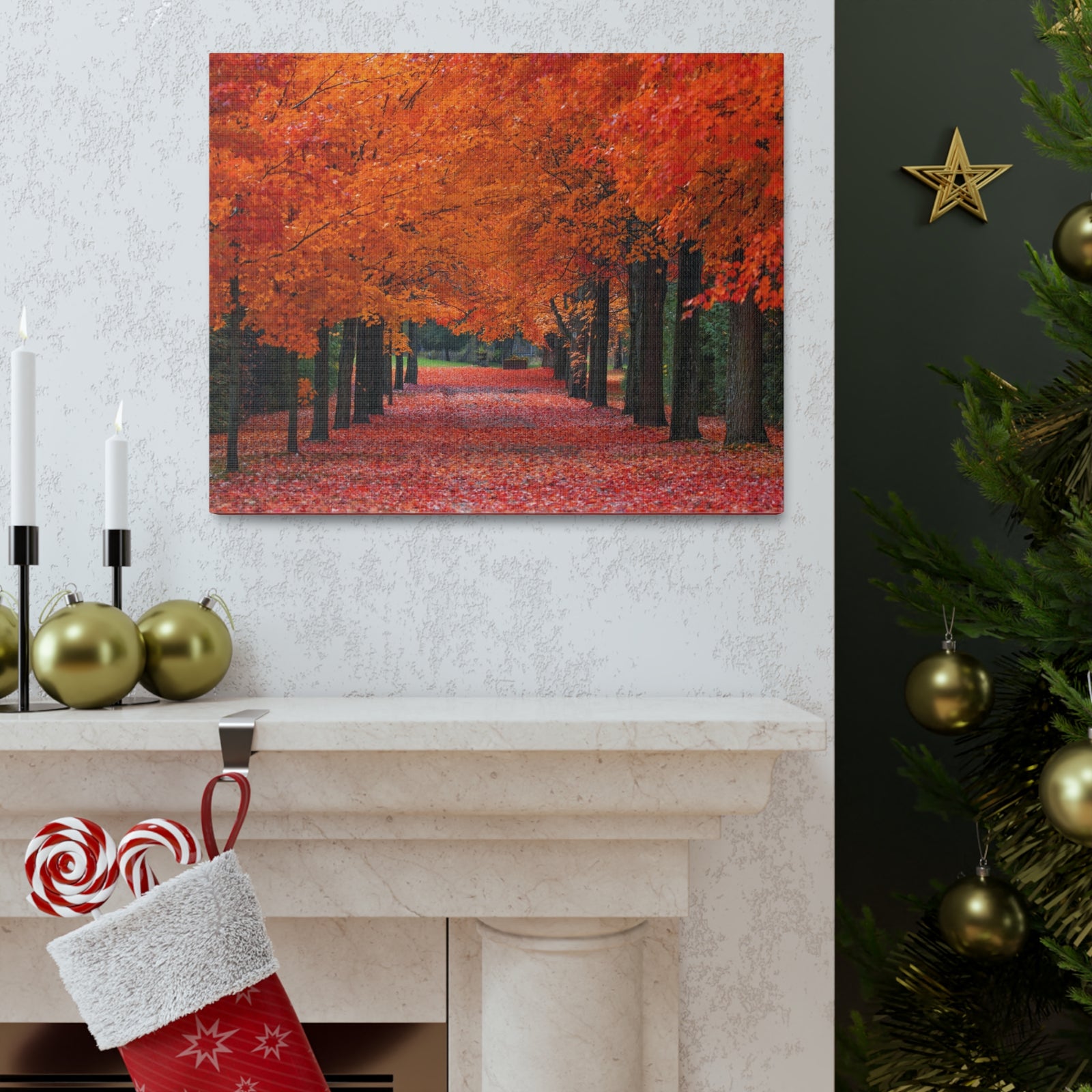 Autumn Forest Orange Leave Tree Trail Nature Wilderness Photography Canvas Wall Art for Home Decor Ready-to-Hang-Express Your Love Gifts