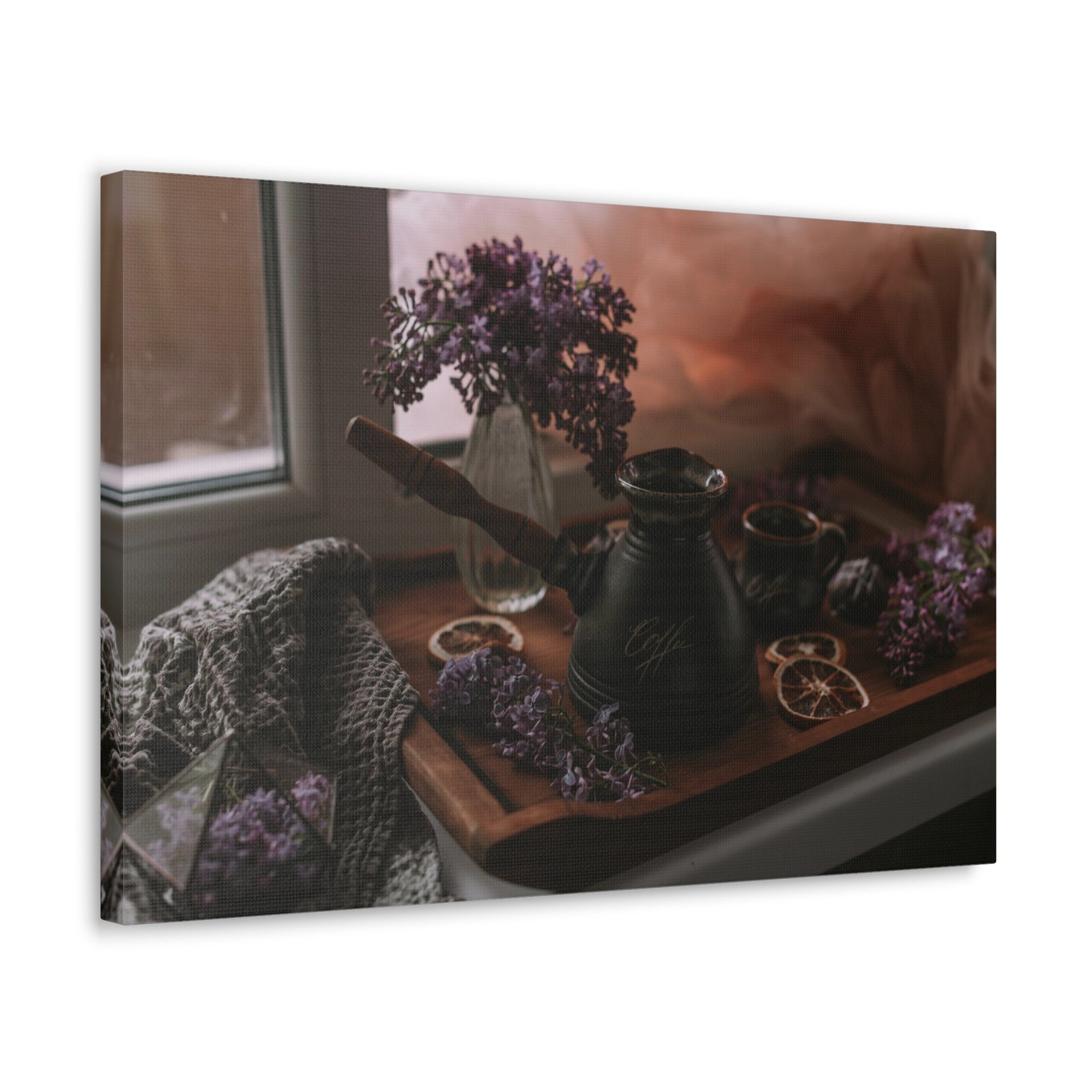 Coffee Chocolate Lilac Flowers On Wooden Tray Rustic Design Canvas Wall Art for Home Decor Ready-to-Hang-Express Your Love Gifts