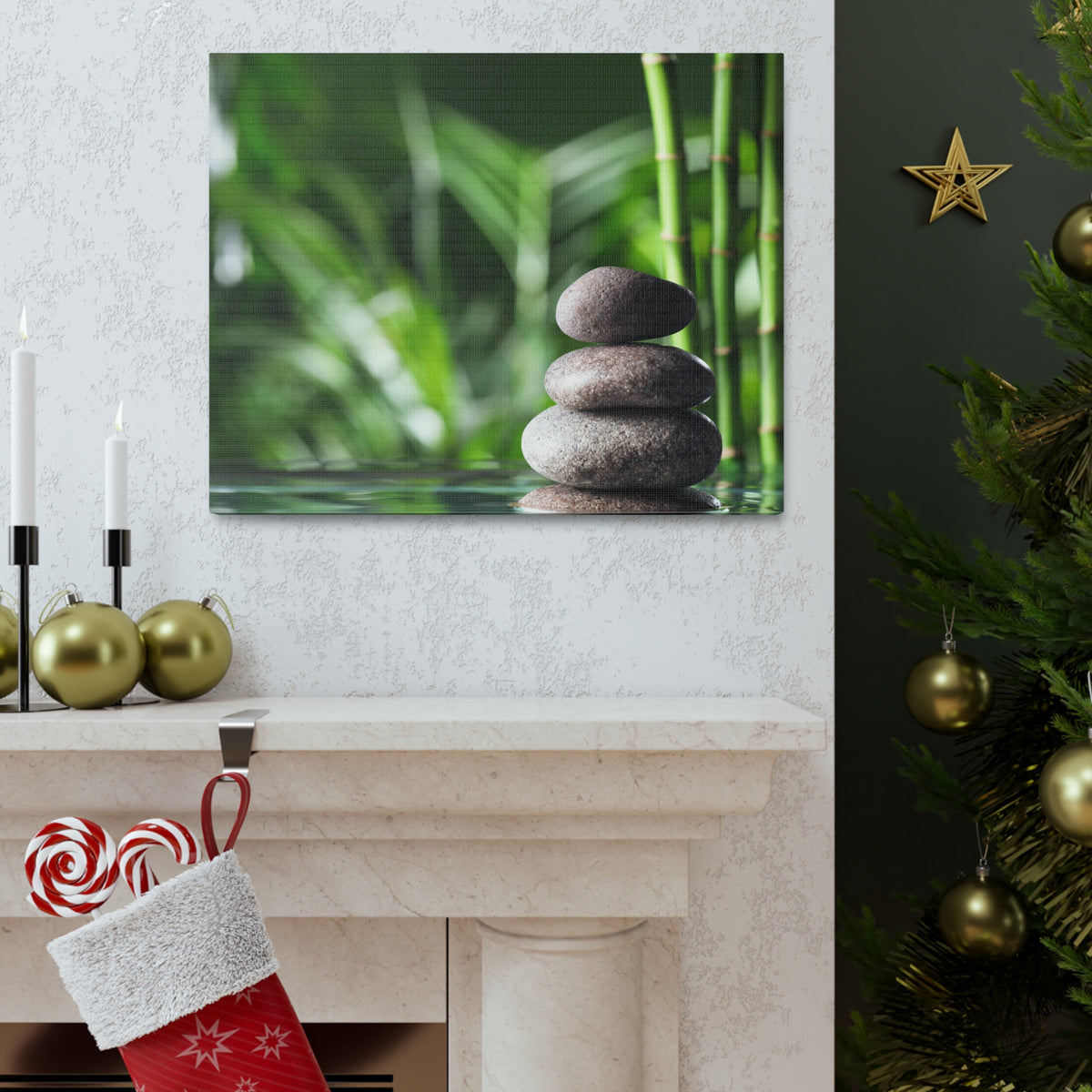 Stacked Stones on Water Forest Floral Nature Photography Canvas Wall Art for Home Decor Ready-to-Hang-Express Your Love Gifts