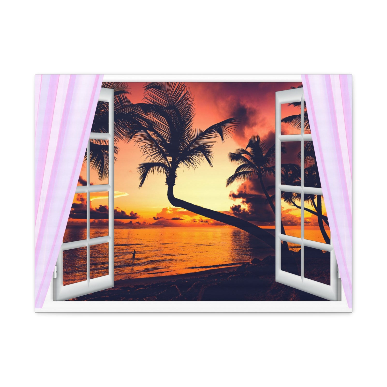 Canvas Print Wall Art Window Sunset Palm Tree View Nature Photography Realism Scenic Landscape Colorful Multicolor for Home Decor Ready to Hang-Express Your Love Gifts