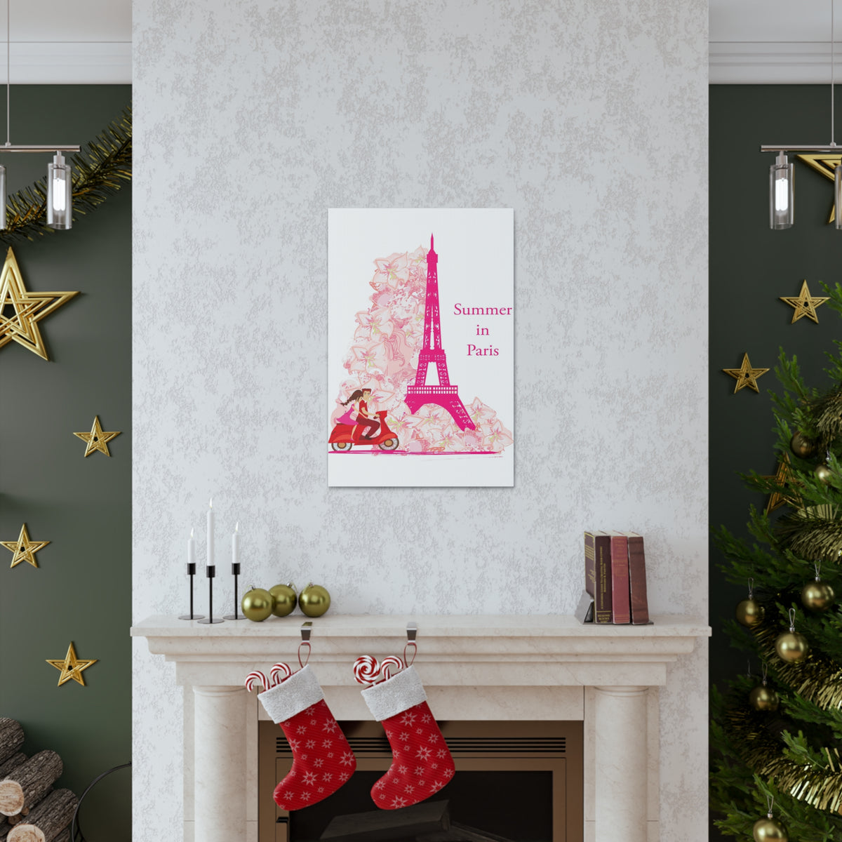Pink Eiffel Tower Couple On Scooter Paris France Canvas Artwork High-Quality Breathtaking French City for Home Decor Ready to Hang-Express Your Love Gifts