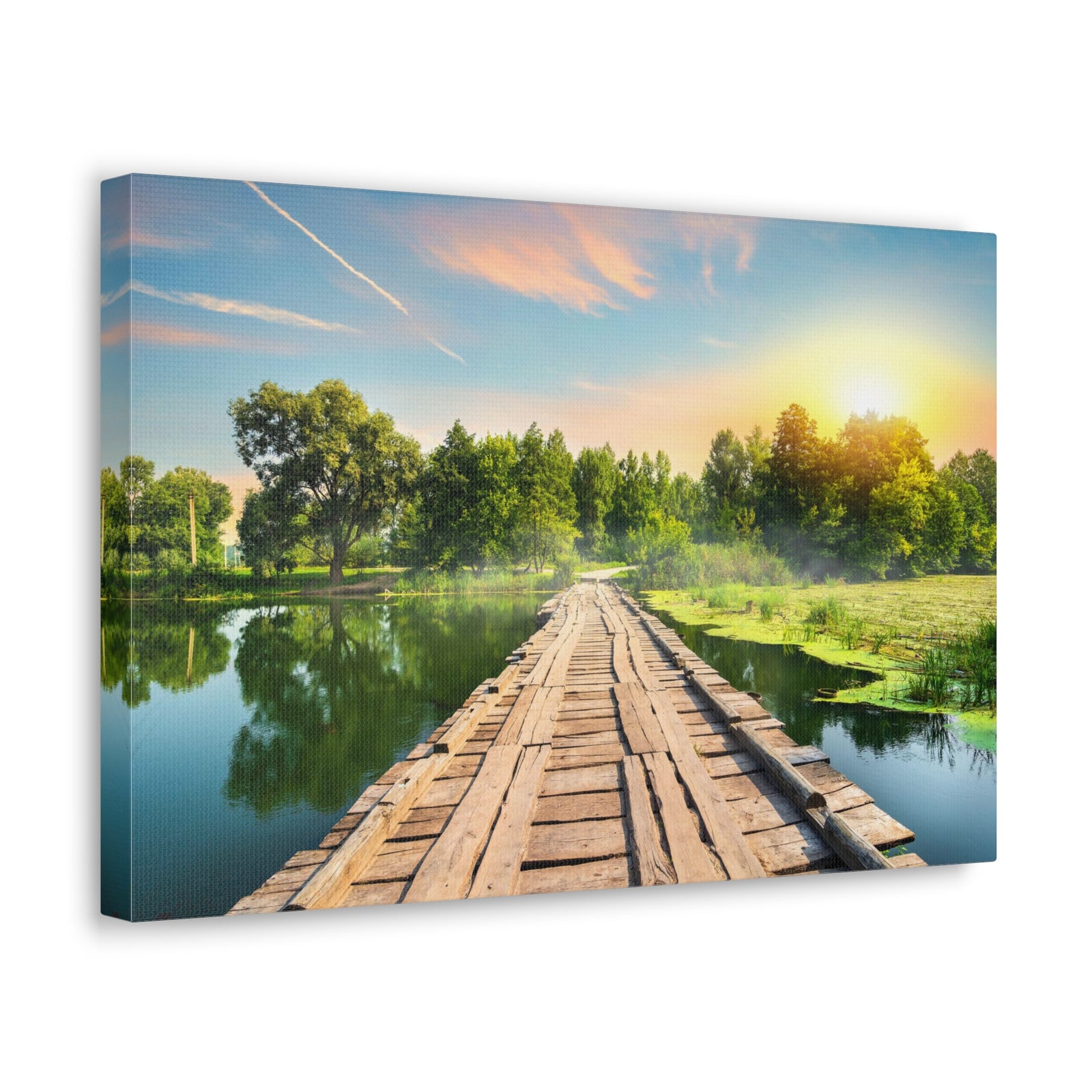 Lake at Dawn Wooden Bridge Nature Wilderness Photography Canvas Wall Art for Home Decor Ready-to-Hang-Express Your Love Gifts