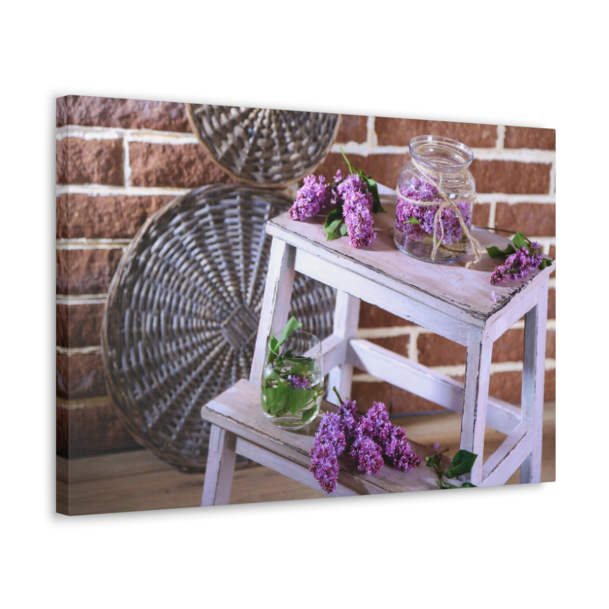 Beautiful Lilac Flowers On Wooden Ladder Rustic Design Canvas Wall Art for Home Decor Ready-to-Hang-Express Your Love Gifts