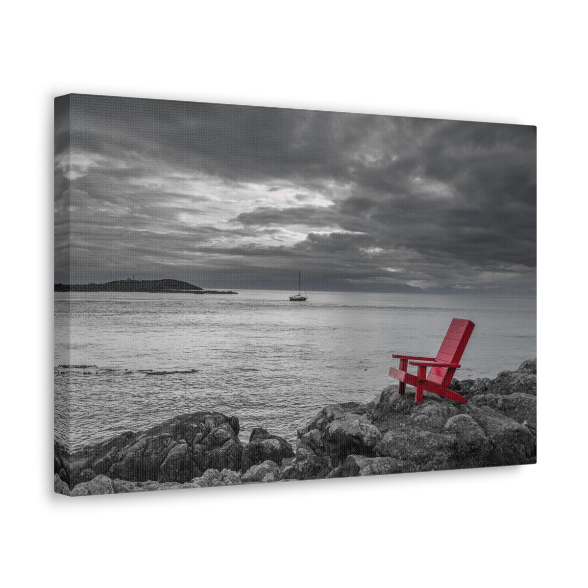 Red Chair On Ocean Side Rocks Ocean Canvas Wall Art for Home Decor Ready-to-Hang-Express Your Love Gifts