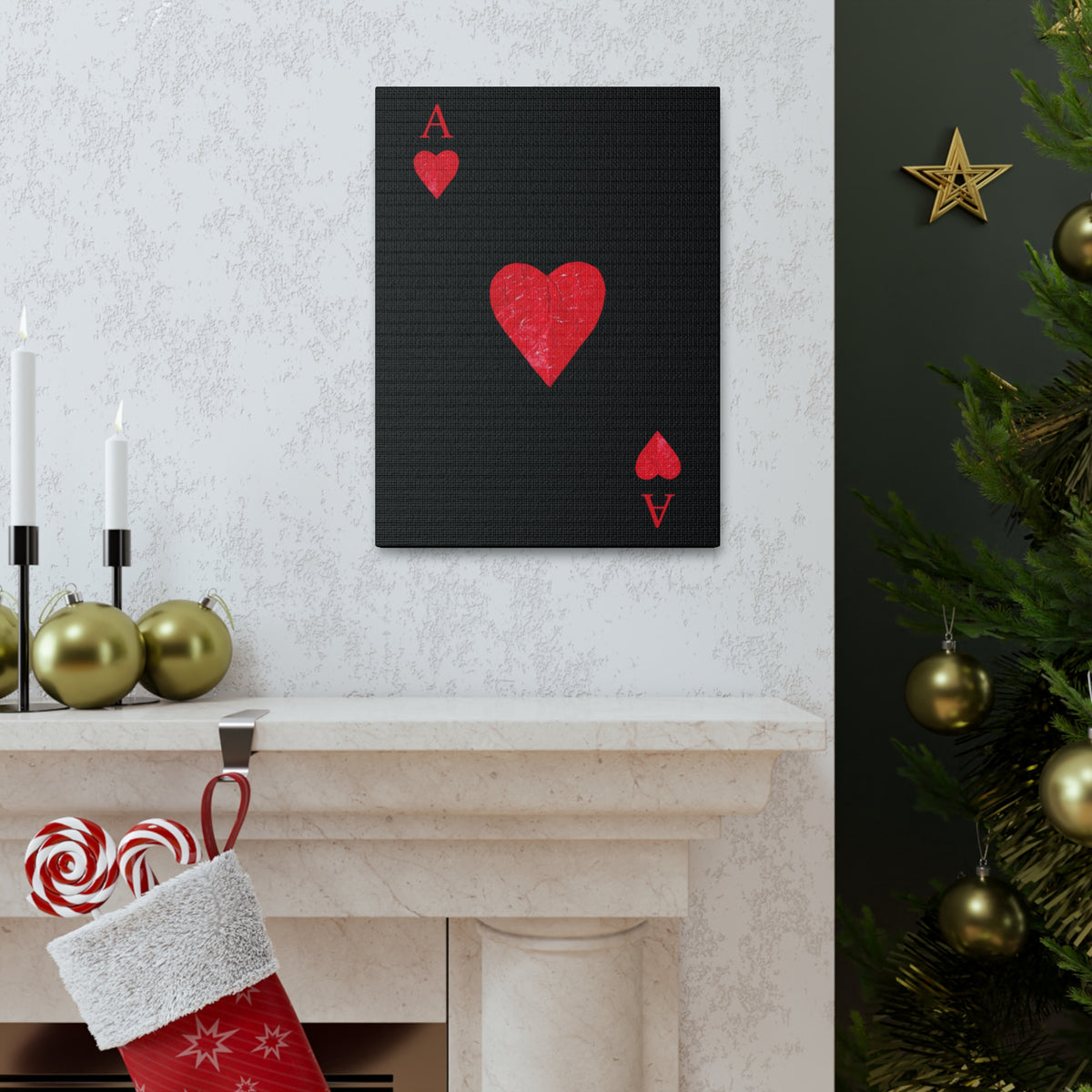 Ace Of Hearts Black Surface Playing Card Canvas Wall Art for Home Decor Ready-to-Hang-Express Your Love Gifts