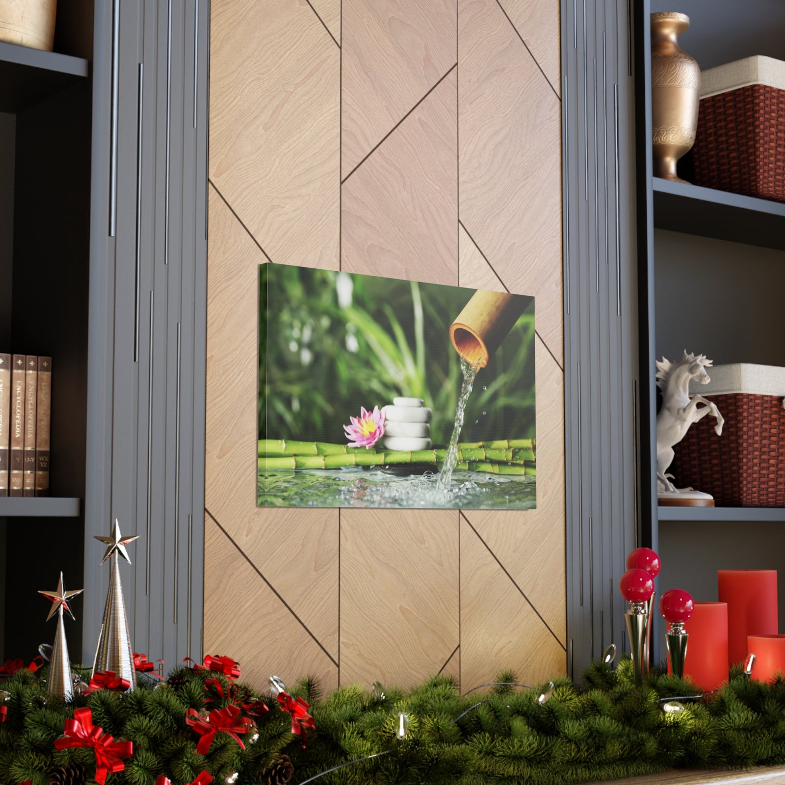 Flower and Bamboo Fountain Forest Floral Nature Photography Canvas Wall Art for Home Decor Ready-to-Hang-Express Your Love Gifts