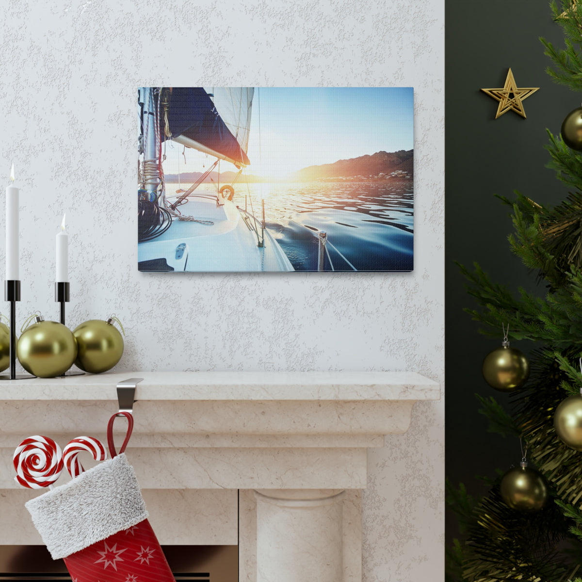 Sailing Yacht Boat On ocean At Sunset Ocean Canvas Wall Art for Home Decor Ready-to-Hang-Express Your Love Gifts