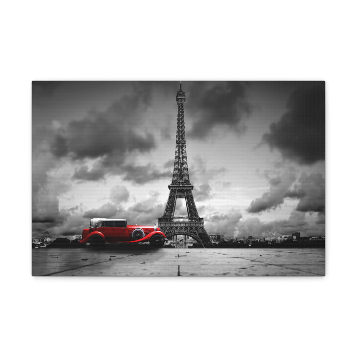 Eiffel Tower Skyline Black White Rain Red Umbrella Canvas Artwork High-Quality Breathtaking Stunning Cityscape for Home Decor Ready to Hang-Express Your Love Gifts