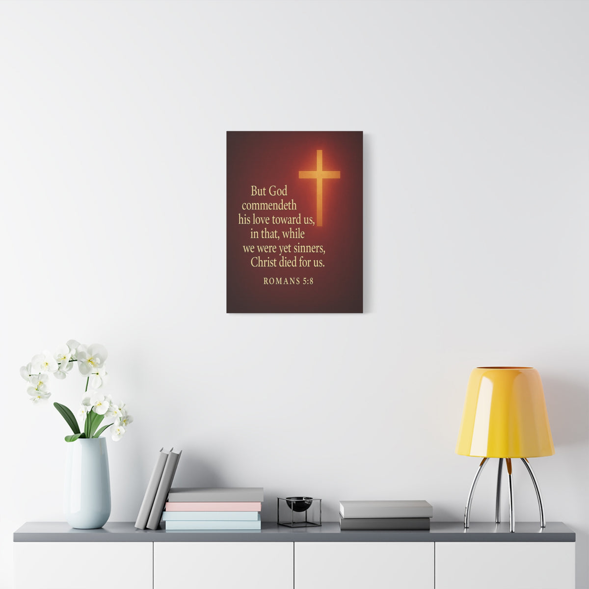 Bible Verse Canvas Romans 5:8 Christian Home Décor Wall Art Scripture Ready to Hang Faith Print-Express Your Love Gifts